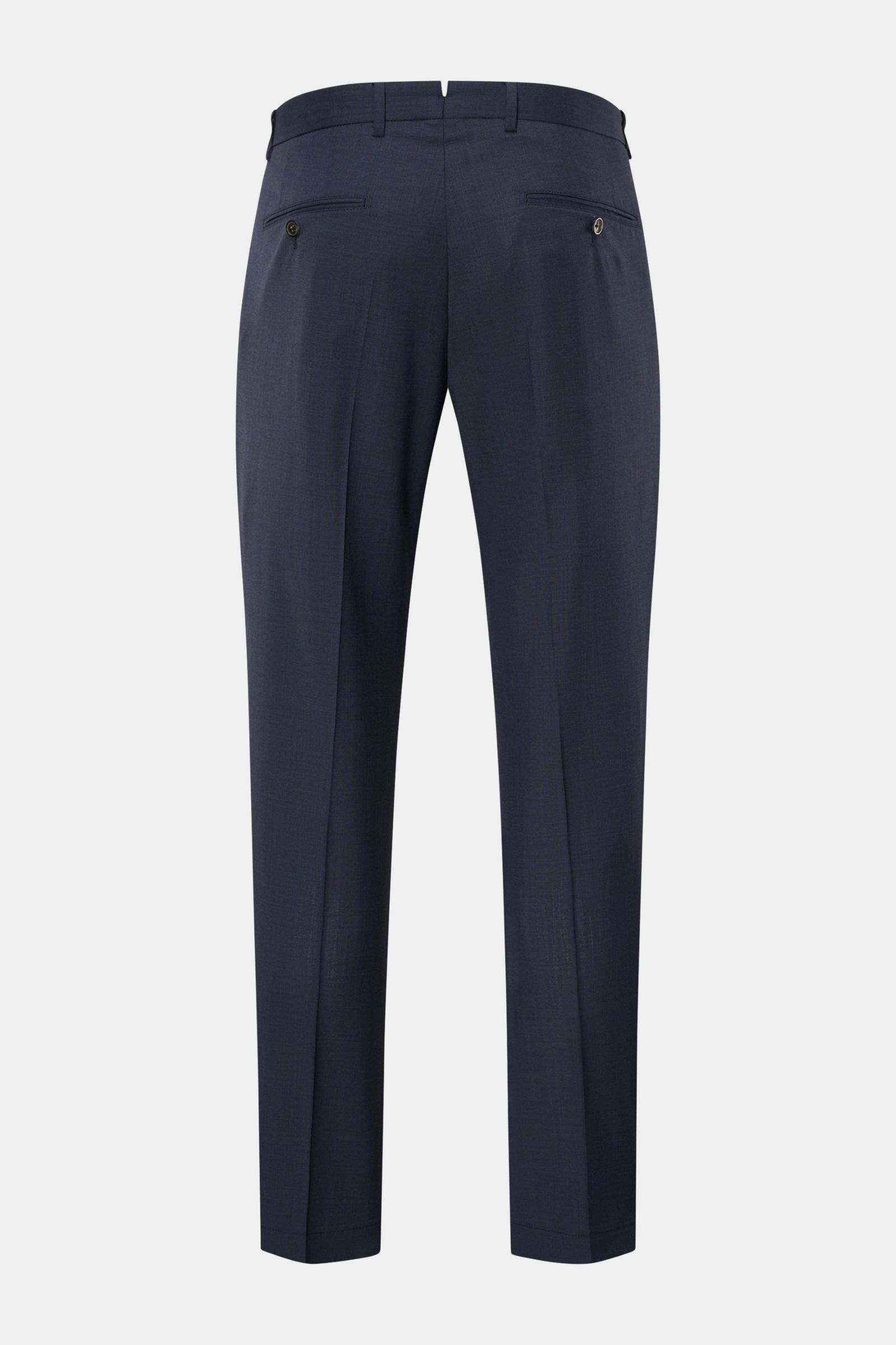 Rear view of Windsor Wool trousers 'Peso' navy mottled, pure virgin wool, regular fit with tapered cut, zip, waist buttons, French and jetted back pockets with buttons.

For a confident look: The model 'Peso' in the finest virgin wool by WINDSOR is a w
