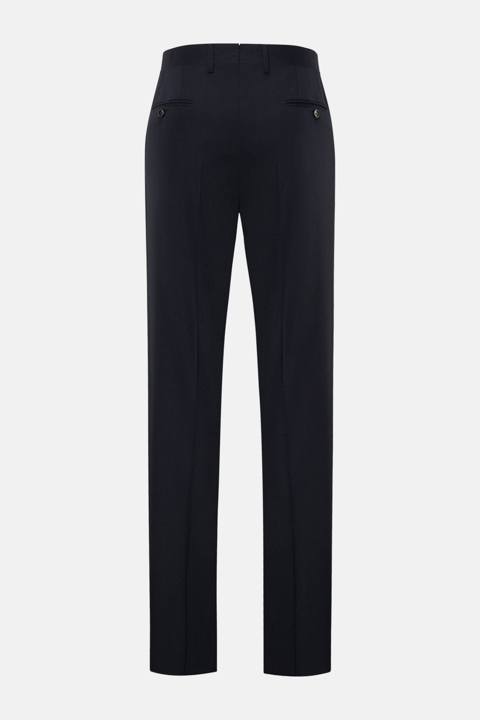 Lardini Wollhose navy, Rückansicht, aus leichter reiner Woll-Gabardine, Regular Fit, gerader Schnitt, mit Bundhaken, Reißverschluss, französischen Taschen, Uhrentasche, paspelierten Gesäßtaschen mit Knopf, offene Länge.