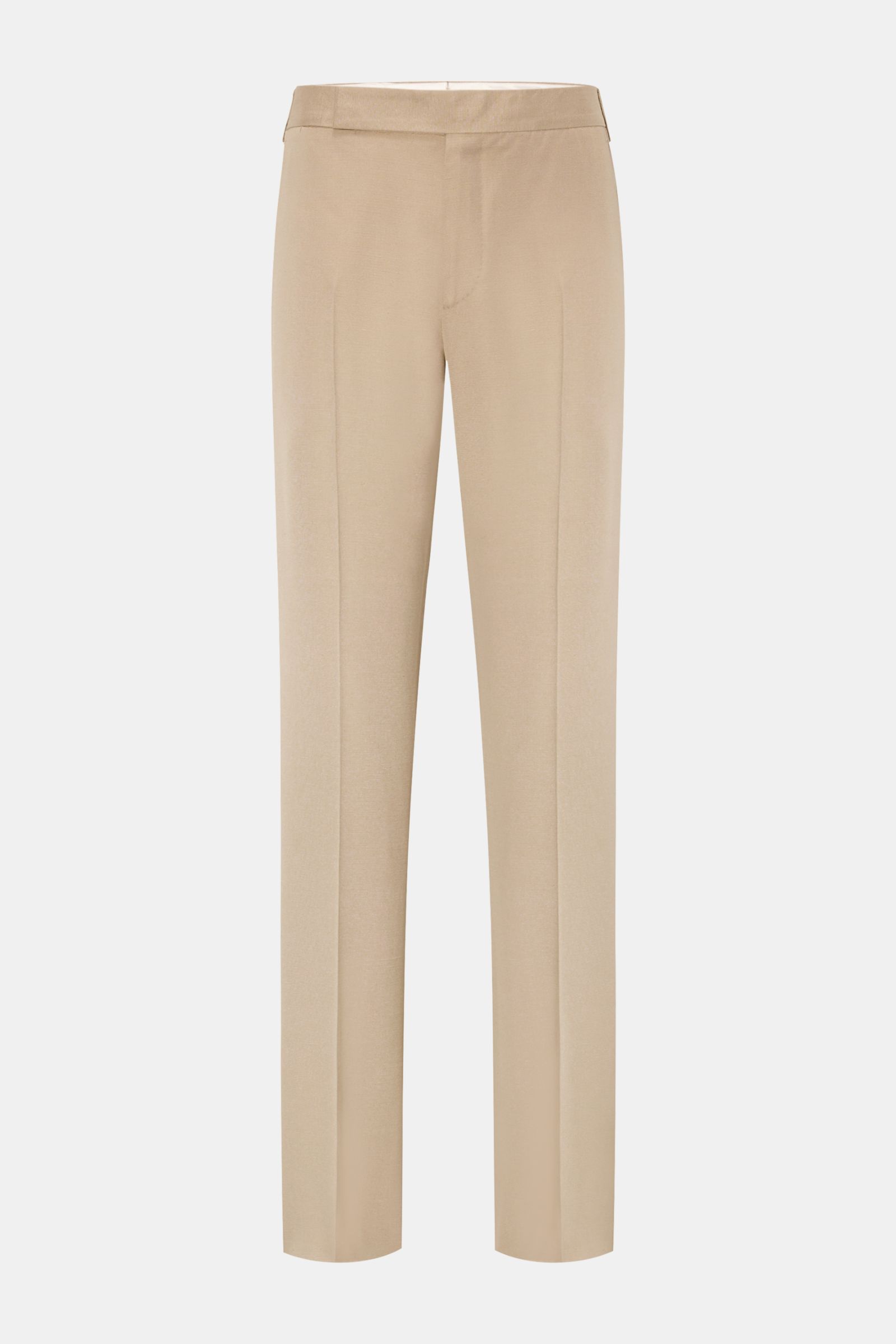 Front view of Lardini Hose beige, elegant trousers made of lightweight viscose with silk, regular fit with visible fabric texture, straight cut, zipper and hook closure, French pockets, small watch pocket, and welt back pockets with button, open length. E