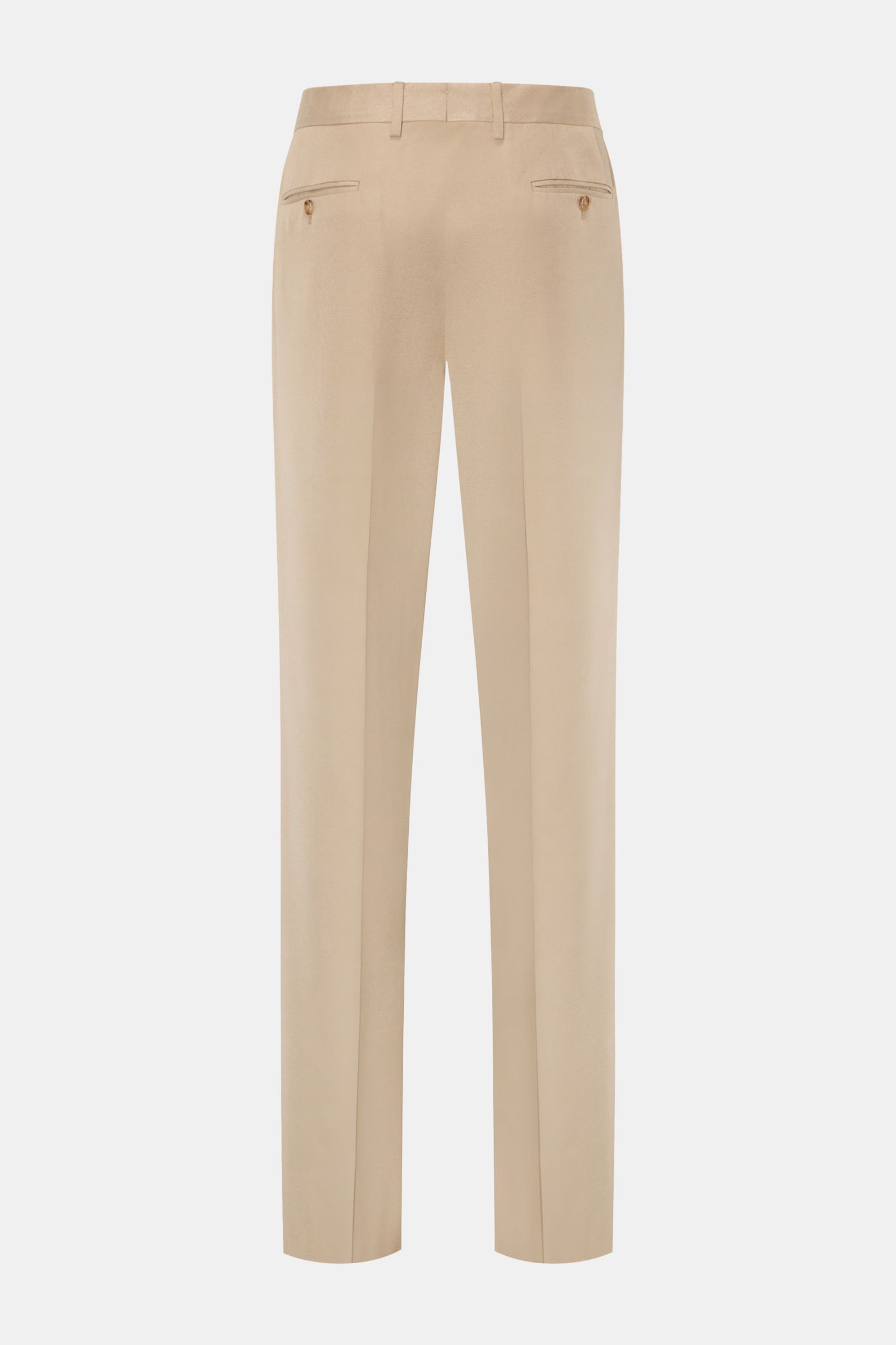 Rear view of Lardini Hose beige in lightweight viscose with silk, featuring regular fit, straight cut, zipper, hook, French and welt pockets with buttons, open length. Edler Zwirn vom italienischen Traditionshaus LARDINI: aus leichter Viskose mit Anteil v