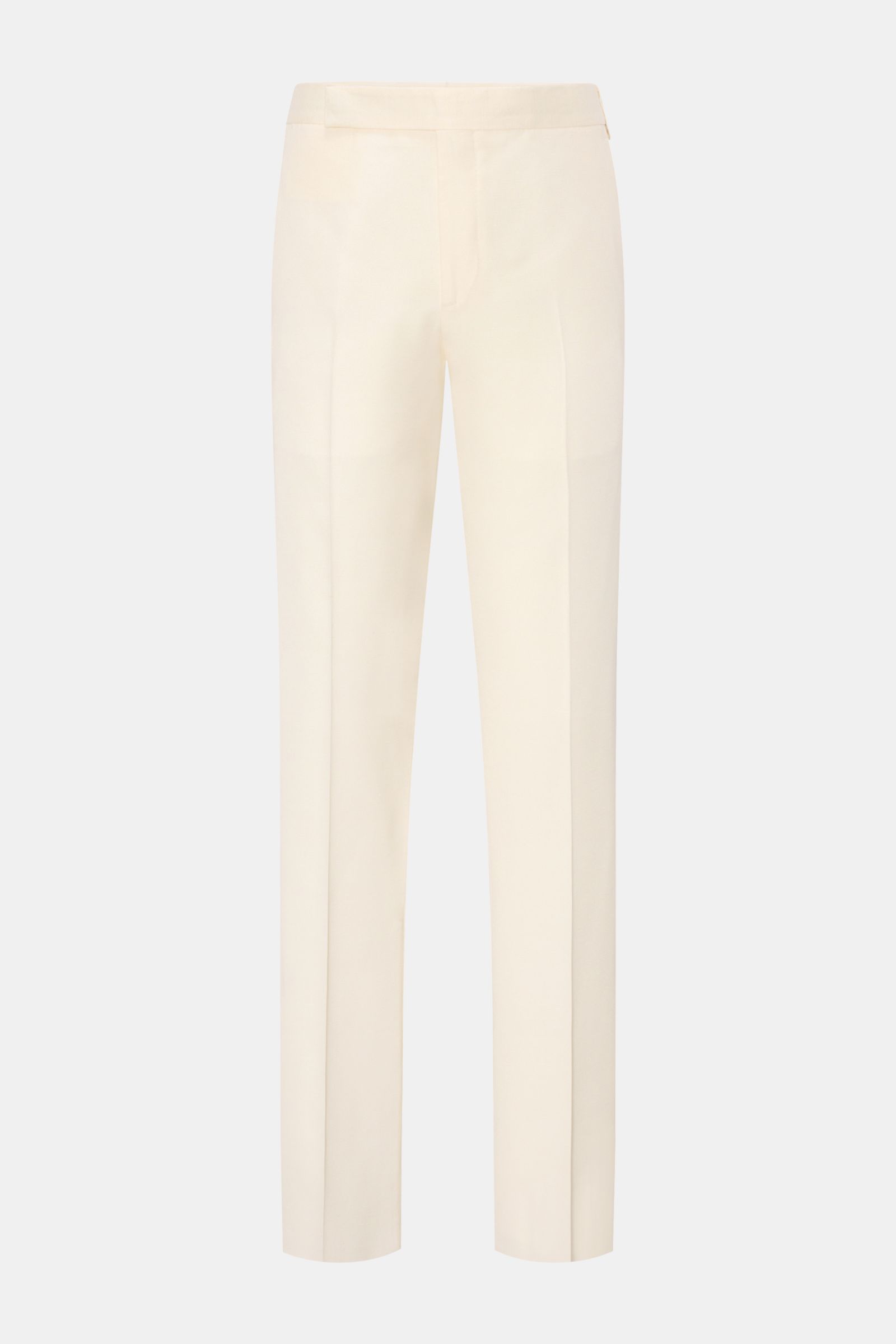 Lardini Hose creme, frontale Ansicht, edler Zwirn aus leichter Viskose mit Seide, Regular Fit, gerader Schnitt, Reißverschluss, Bundhaken, französische Taschen.