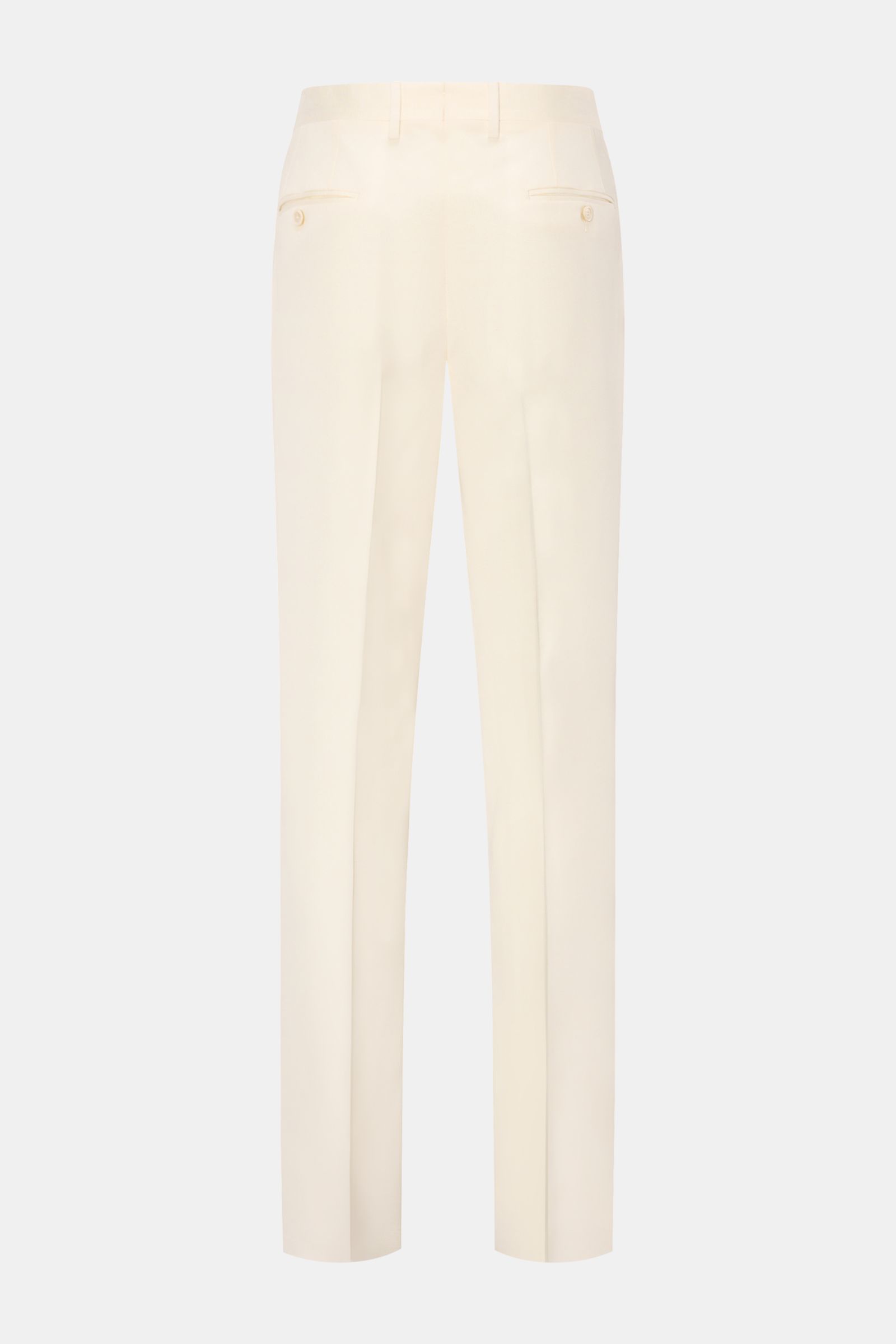 Lardini Hose creme von hinten, Regular Fit, aus leichter Viskose mit Seide, gerader Schnitt, französische Taschen, Uhrentasche, Gesäßtaschen mit Knopf.