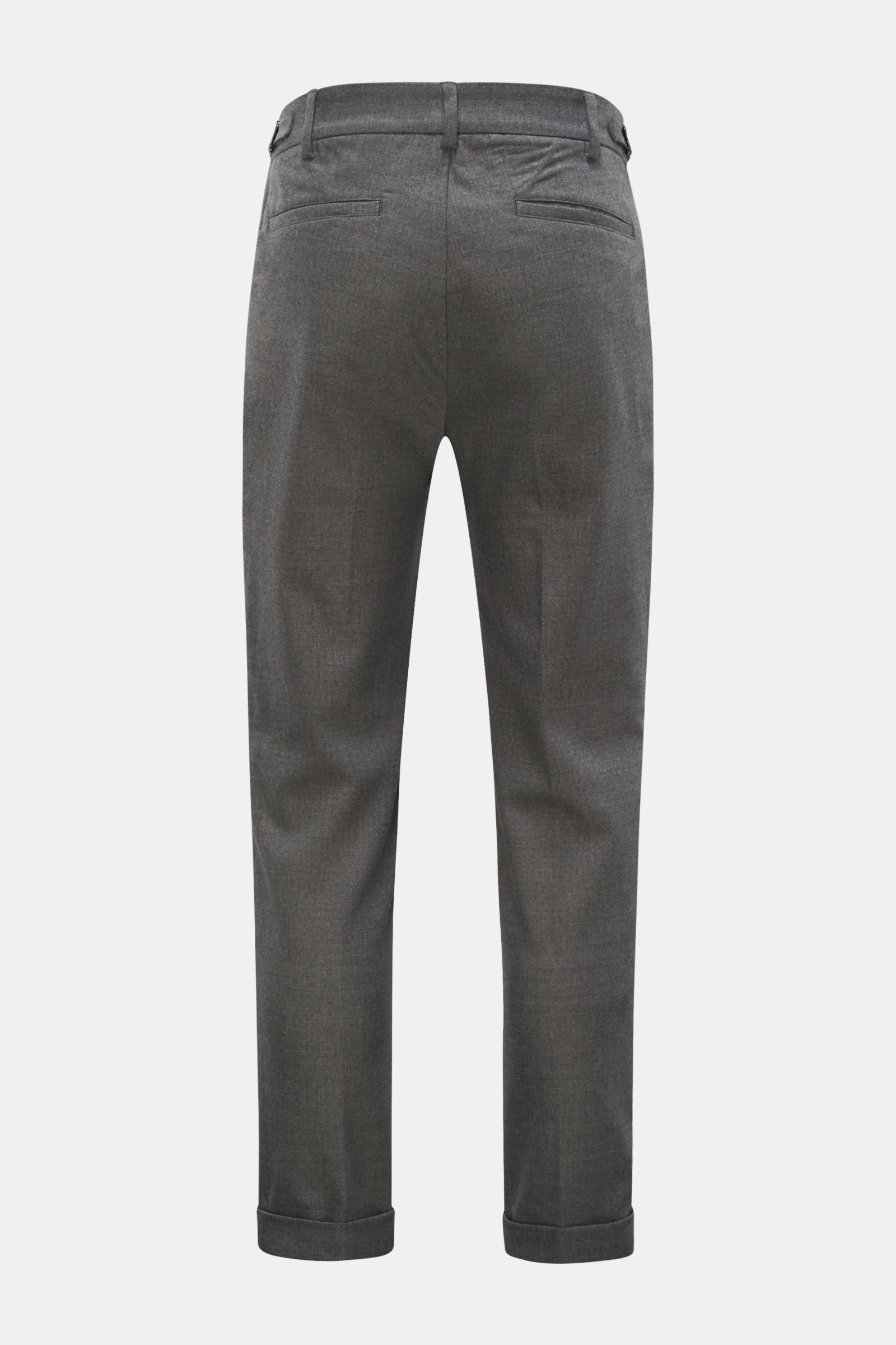 04651/ A trip in a bag Wollhose 'Flannel Pants' grau meliert, Rückansicht, Flanell aus Schurwolle und Cashmere, komfortabler Stretch, weicher Griff, Tapered Fit, schmal zulaufend, kurzer Schnitt, Reißverschluss, Bundhaken, Side Adjuster, doppelte Bundfalt