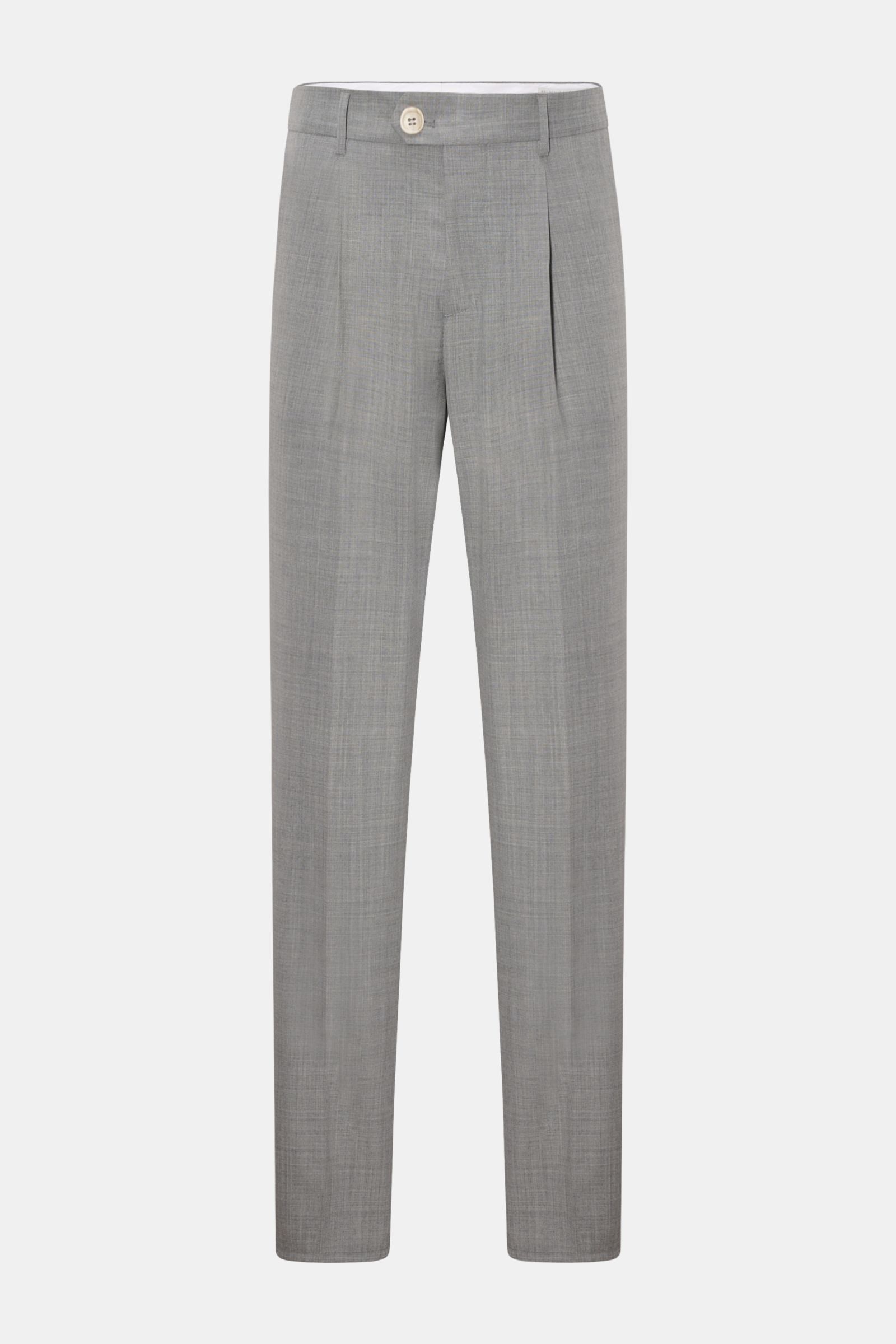 Front view of Brunello Cucinelli Wollhose grau meliert, an iconic Italian luxury essential in pure virgin wool with a soft, smooth feel, regular fit, very slim tapering, zipper and hook closure, single pleat, French pockets, and a welt pocket at the back.
