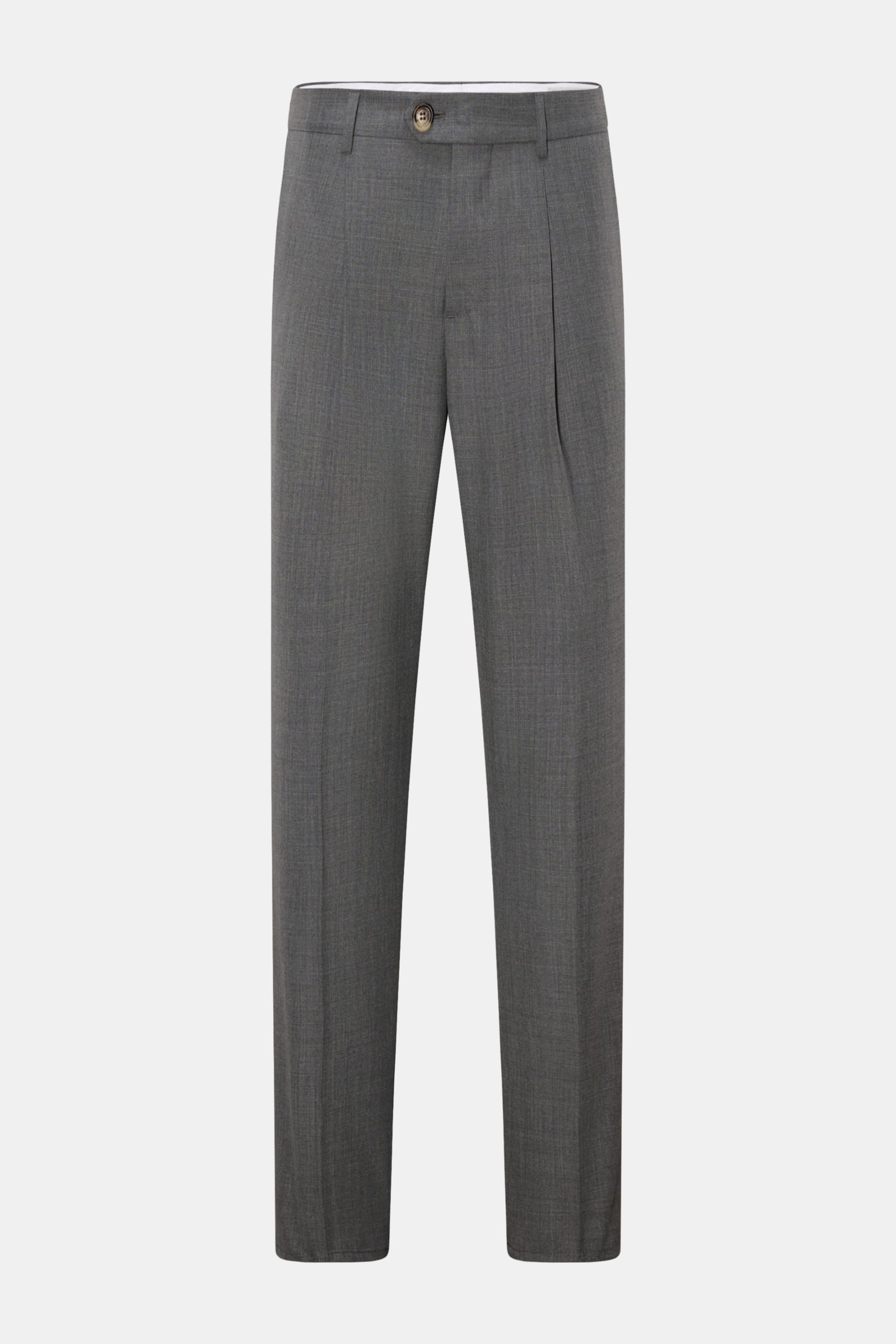 Front view of Brunello Cucinelli Wollhose dunkelgrau meliert, an iconic Italian luxury wool trouser with classic pleat, zipper, hook, French pockets, and slim regular fit.