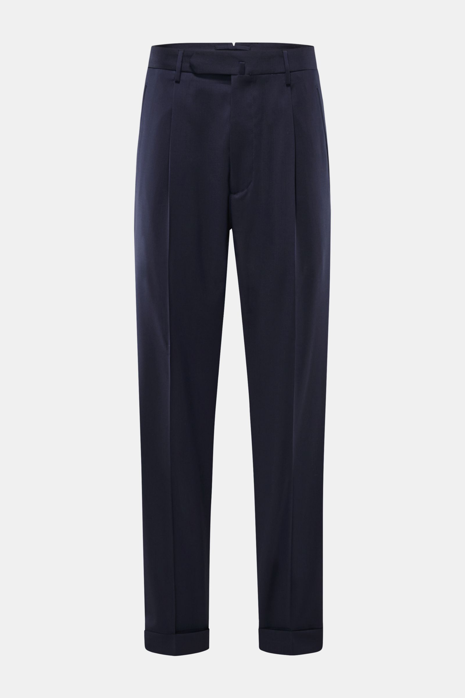 Santaniello Wollhose 'Arsenio' navy, knöchellang, Carrot Fit, reine Wolle, glatter Griff, Bundknopf, Reißverschluss, paspelierte Taschen, Saumaufschlag, frontale Perspektive.