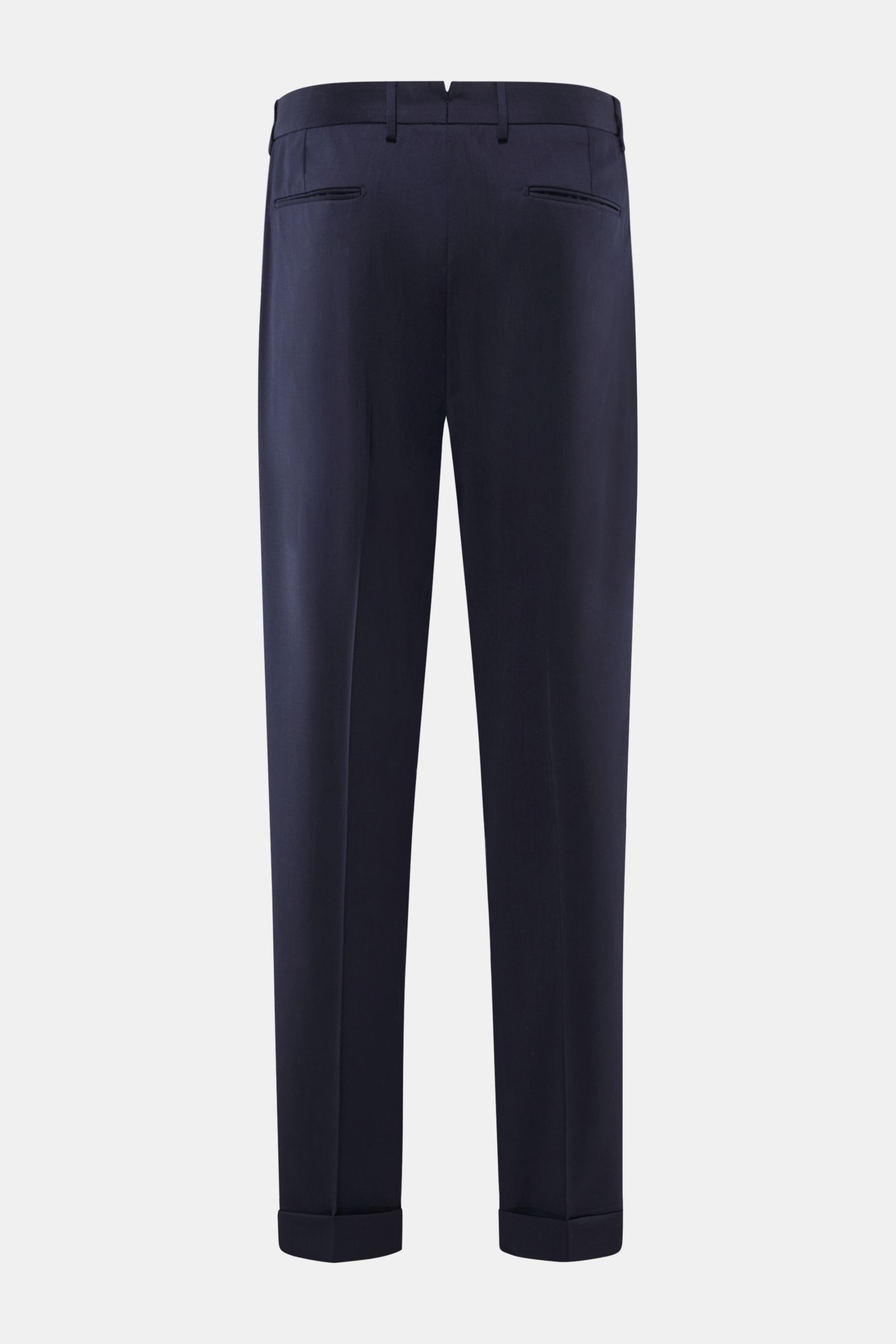 Rückansicht der Santaniello Wollhose 'Arsenio' navy aus reiner Wolle mit glattem Griff, Carrot Fit, paspelierten Taschen und fixiertem Saumaufschlag.