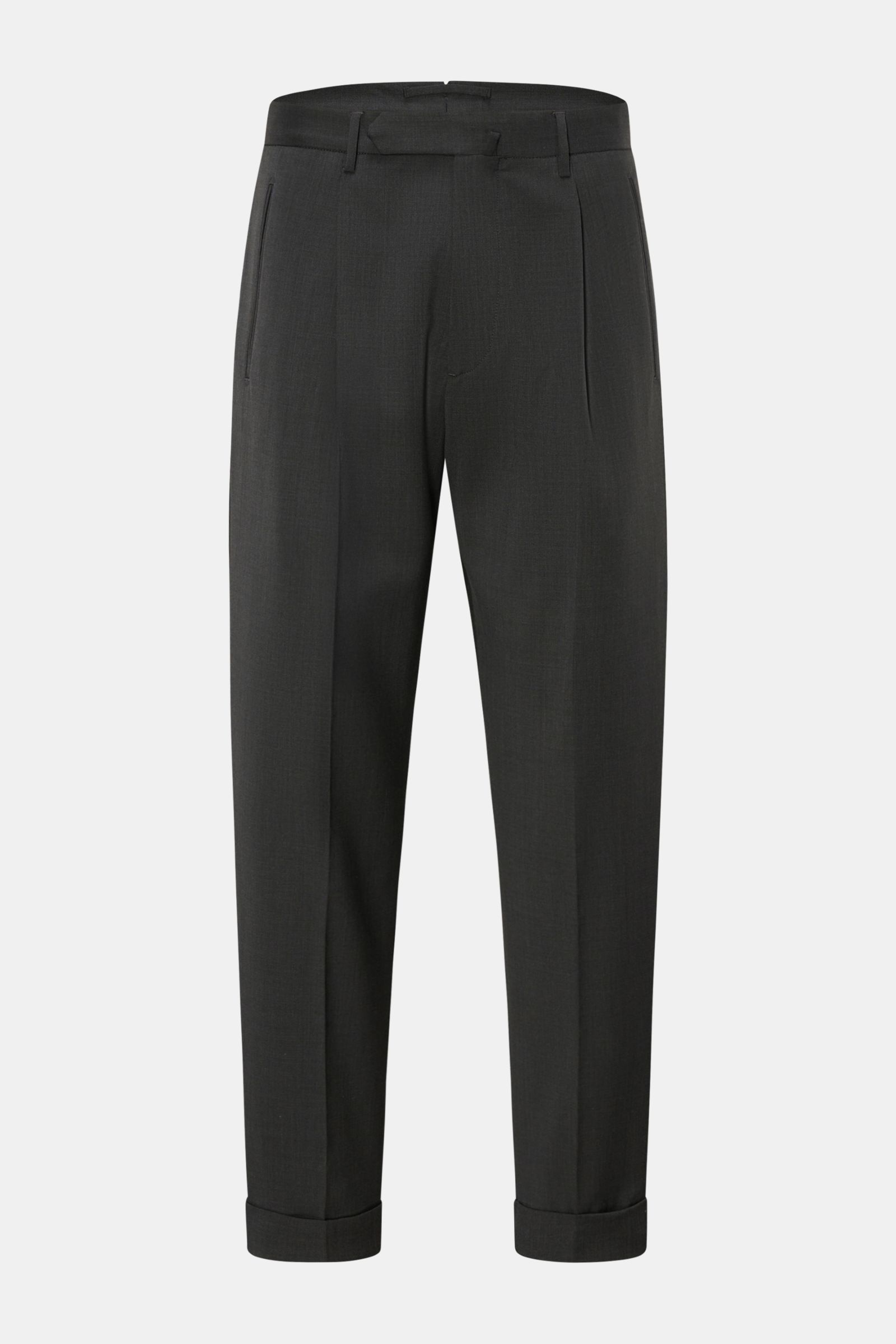 Santaniello Wool trousers 'Arsenio' dark grey shown from front on a light background. Pure wool, smooth feel, carrot fit, regular thigh width, ankle length, tapered cut, zip and waist button, single pleat, jetted pockets and back pockets, fixed hem turn-u
