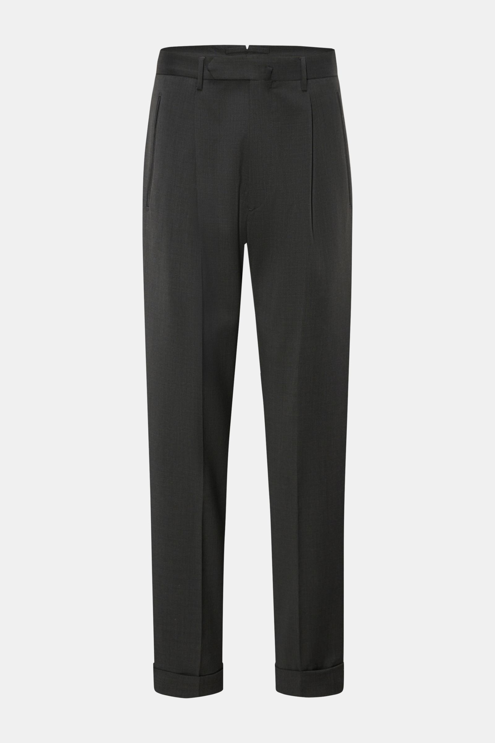 Front view of Santaniello Wool trousers 'Arsenio' dark grey, ankle-length tapered cut, pure wool, smooth feel, carrot fit, single pleat, zip and waist button, jetted pockets, fixed hem turn-up, perfect for stylish office looks.
