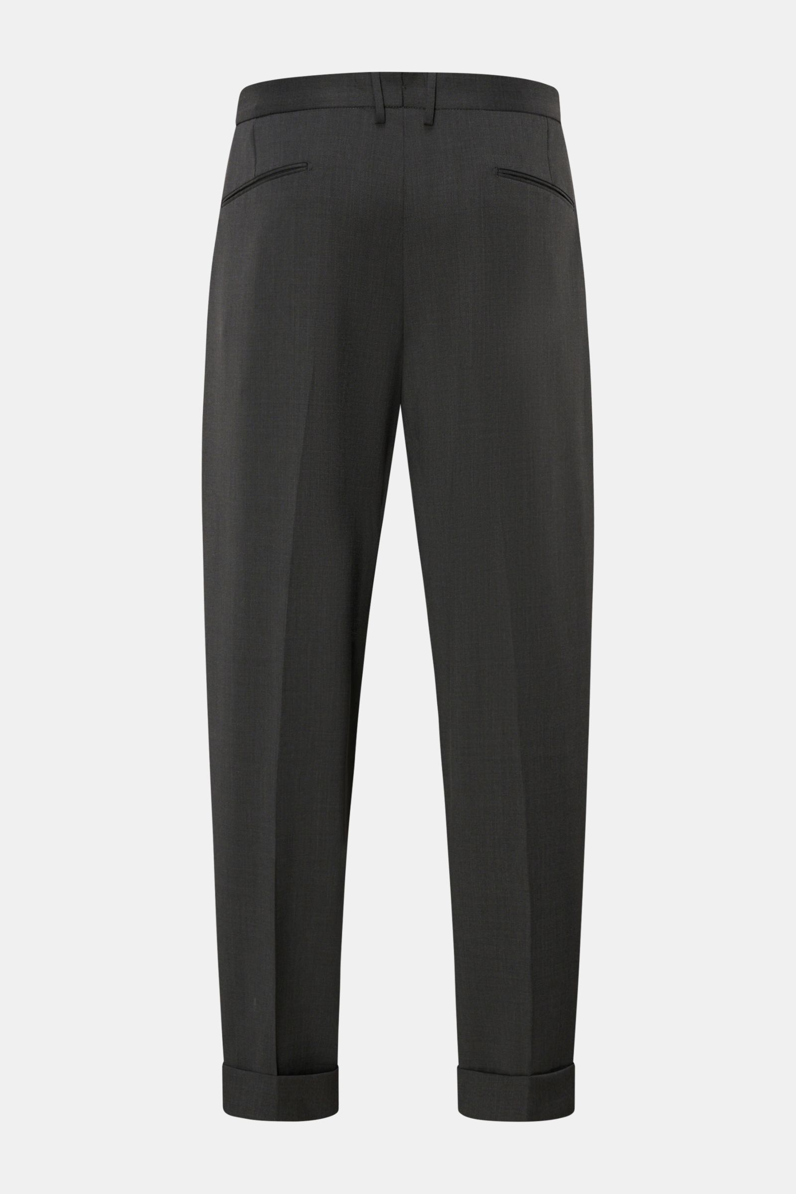 Rear view of Santaniello Wool trousers 'Arsenio' dark grey, ankle-length carrot fit with jetted back pockets, fixed hem turn-up, and smooth pure wool fabric for stylish office looks.