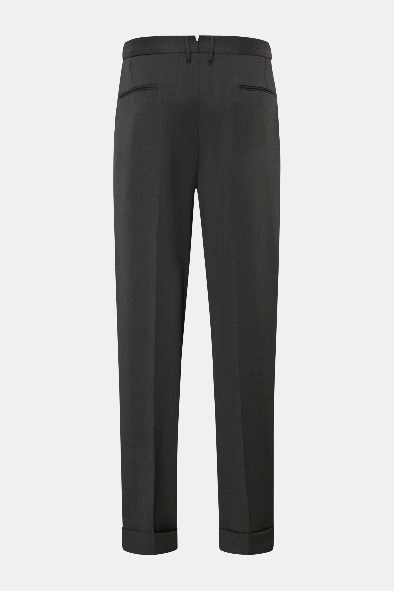 Rear view of Santaniello Wool trousers 'Arsenio' dark grey, ankle length with fixed hem turn-up, jetted back pockets, tapered carrot fit, pure wool.