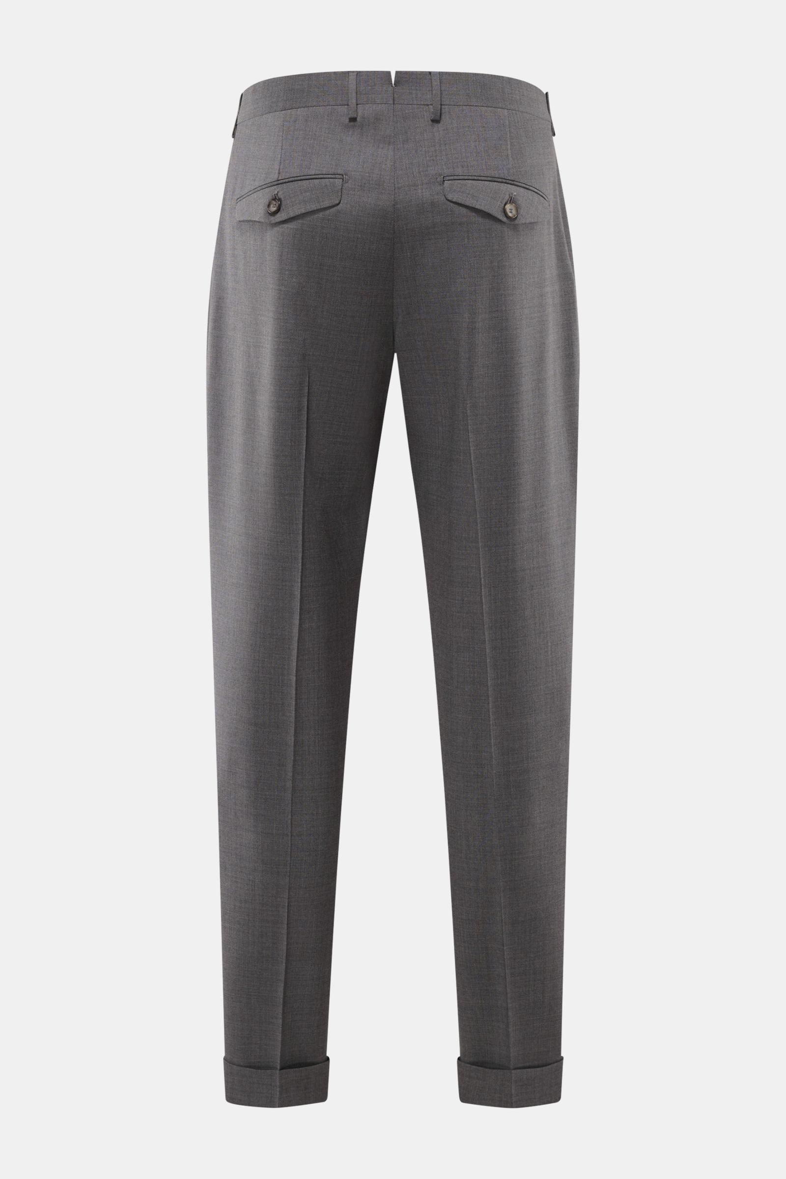 Santaniello Wollhose 'Camerota' grau meliert shown from the back in a comfortable regular fit with buttoned back pockets.

Lässigkeit trifft Stil: Die Bundfaltenhose 'Camerota' von SANTANIELLO überzeugt mit edlem Wollgewebe in komfortablem Regular Fit 