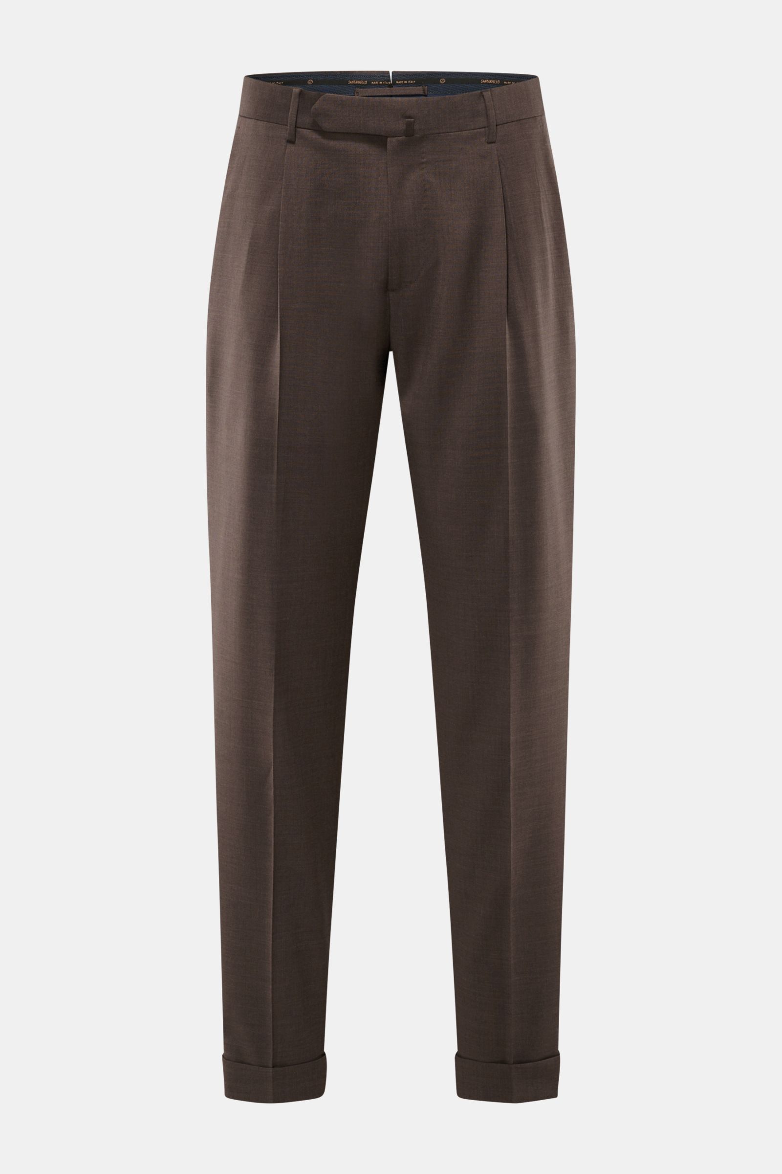 Santaniello Wollhose 'Camerota' braun meliert shown from the front on a plain background, featuring pure wool, soft touch, regular fit, zipper and waistband buttons, single pleat, French pockets, back pockets with buttoned flaps, and fixed hem cuffs. L