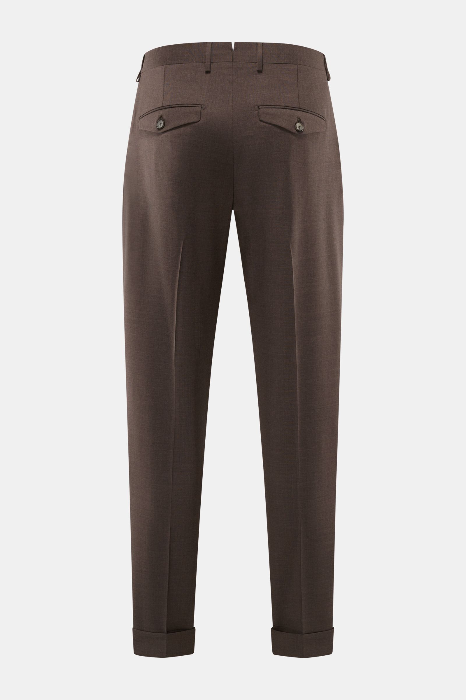 Santaniello Wollhose 'Camerota' braun meliert shown from the rear, featuring pure wool, soft touch, Regular Fit, zipper, buttoned waistband, simple pleat, French pockets, buttoned back pockets, and fixed cuffs. Lässigkeit trifft Stil: Die Bundfaltenhos