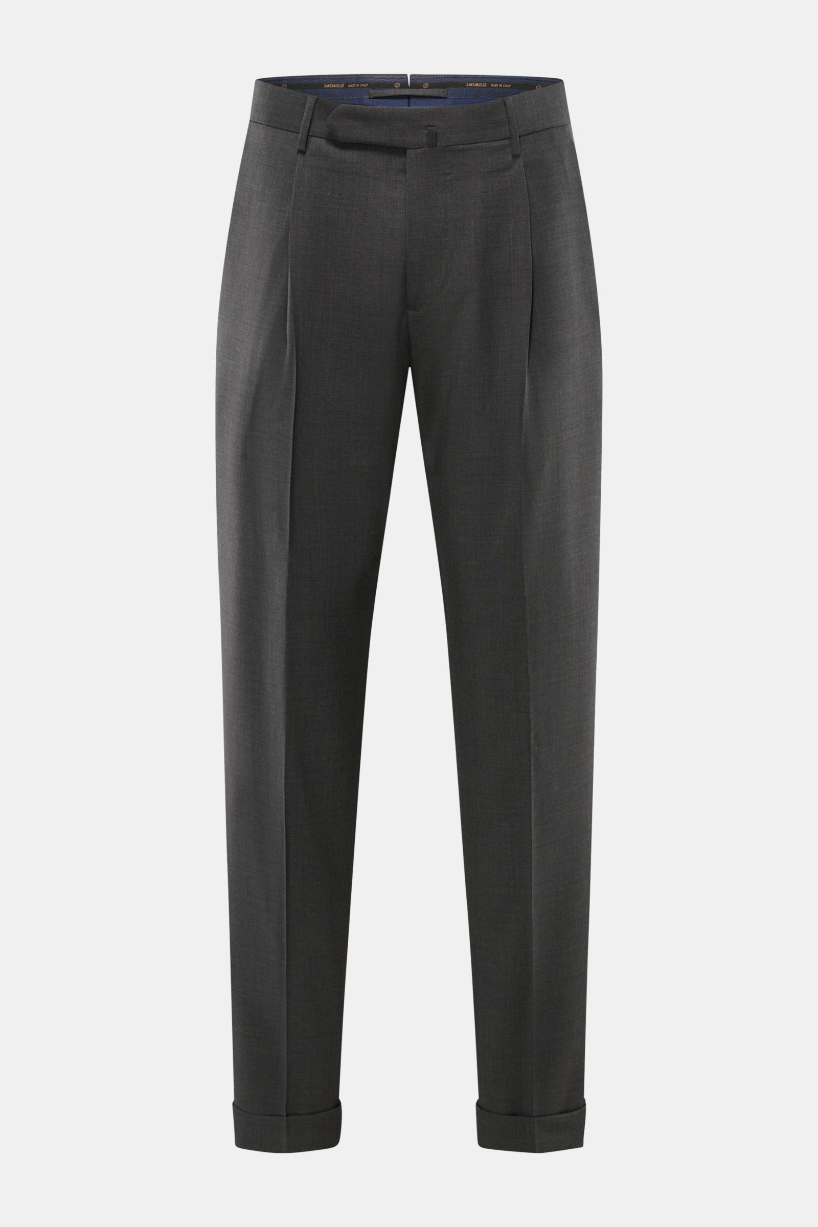 Santaniello Wollhose 'Camerota' dunkelgrau meliert shown from front, made of pure soft wool, Regular Fit with zip, buttons, pleats, French pockets, buttoned back pockets, fixed cuffs. Lässigkeit trifft Stil: Die Bundfaltenhose 'Camerota' von SANTANIELL