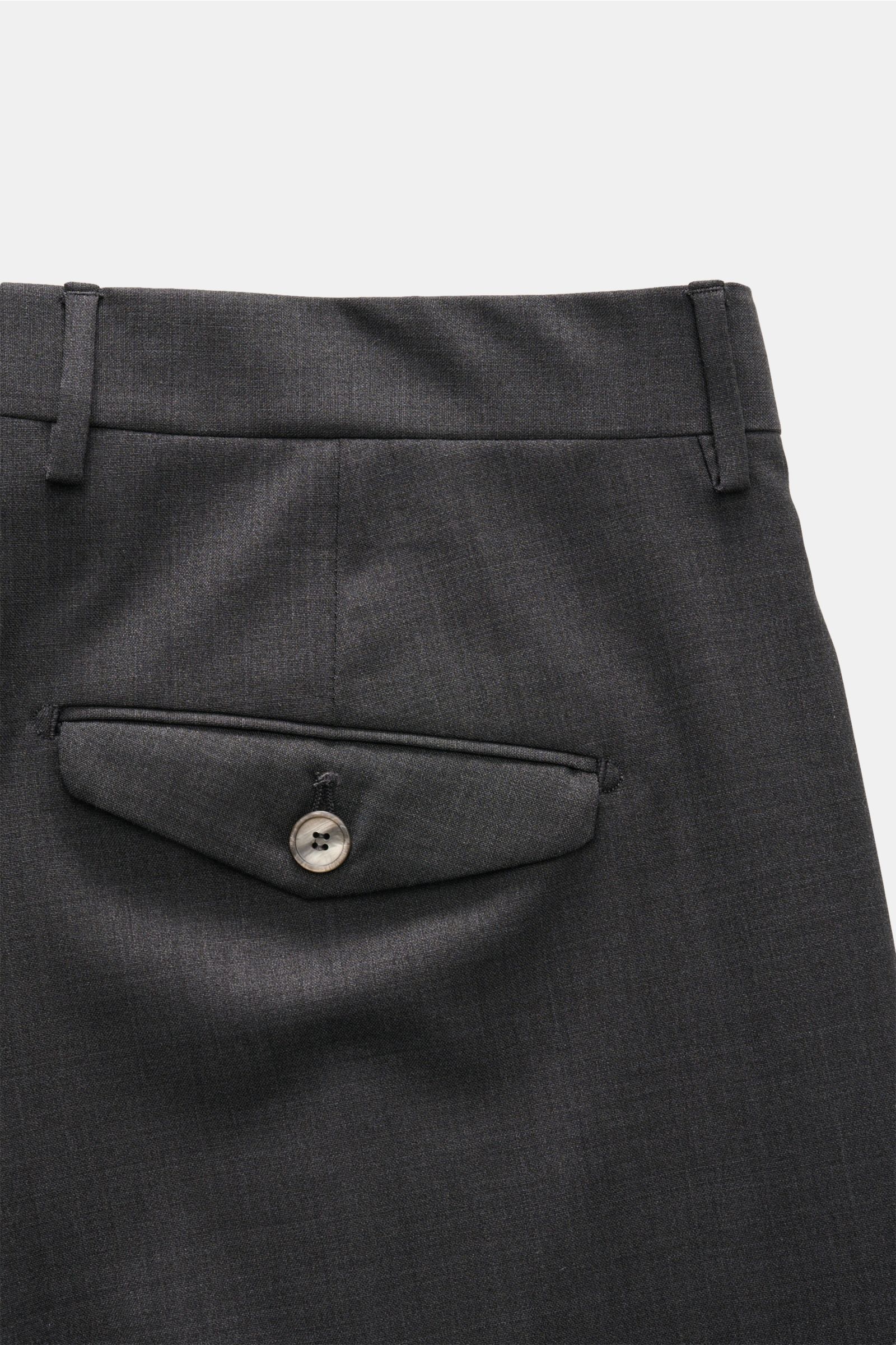 Santaniello Wollhose 'Camerota' dunkelgrau meliert shown from the back with buttoned flap pocket, belt loops, and wool fabric texture.