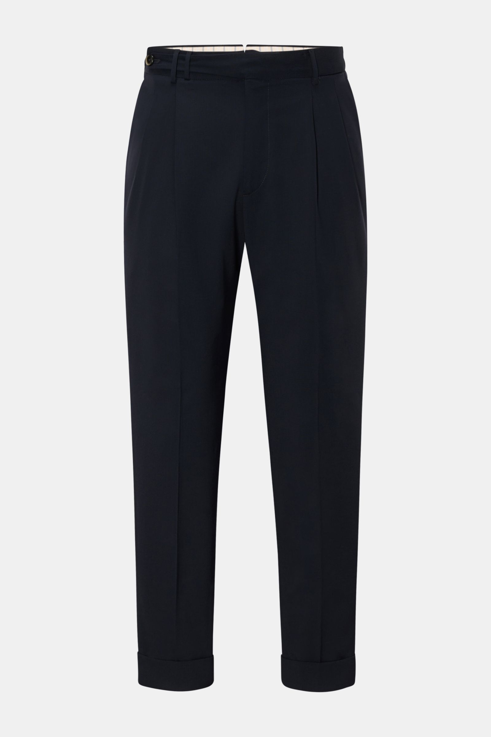 Front view of PT Torino Wool trousers 'Carrot Fit' navy, made of elasticated virgin wool with short cut, stylish pleats, extended buttoned tab, double pleat, French pockets, back pockets with flap and button, small watch pocket, zip and waist buttons, fix