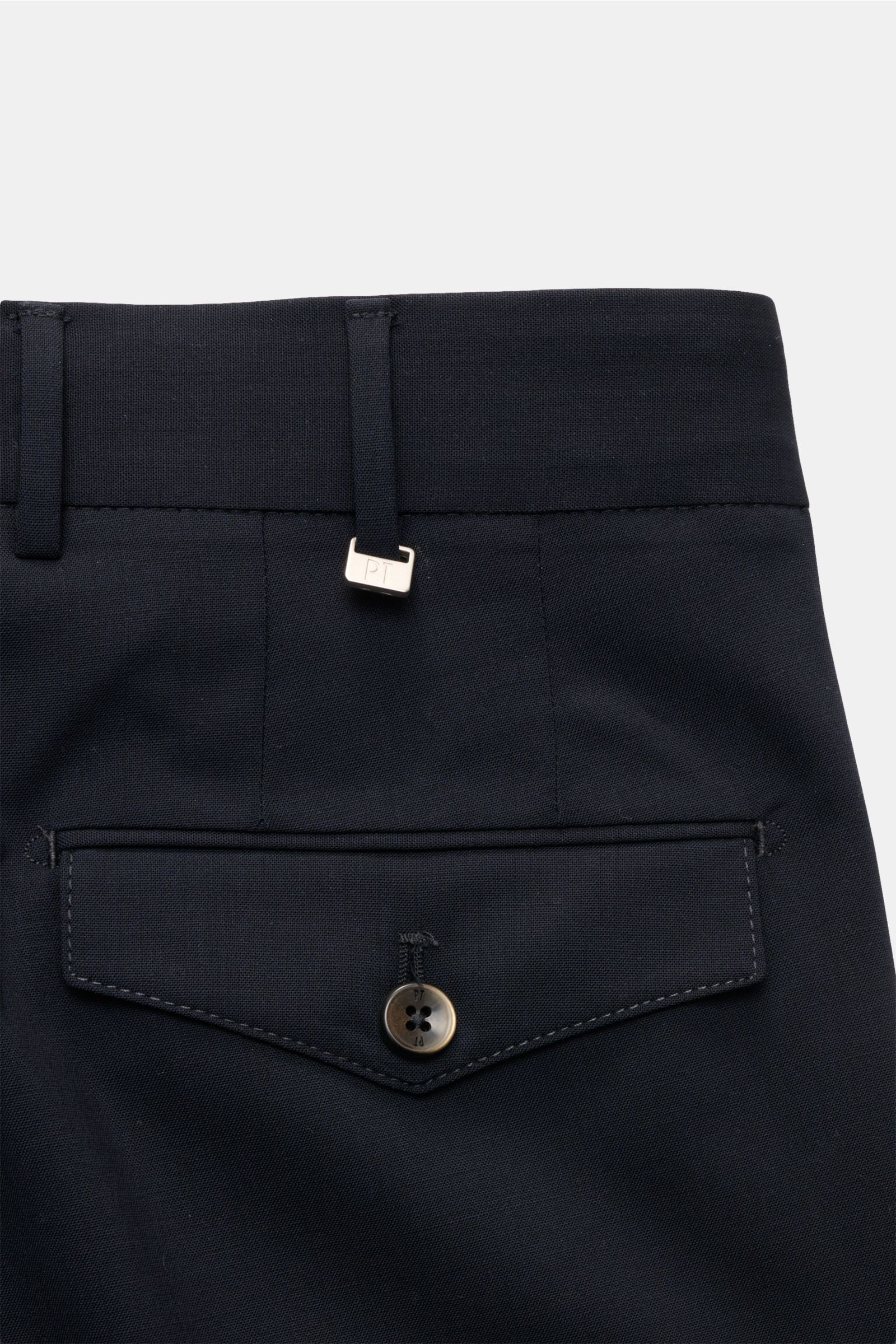 Close-up rear view of PT Torino Wool trousers 'Carrot Fit' navy showing buttoned flap back pocket, belt loops, and fine stitching, made of pure virgin wool with comfortable stretch, soft feel, carrot fit, regular thigh width, ankle length, very tapered cu