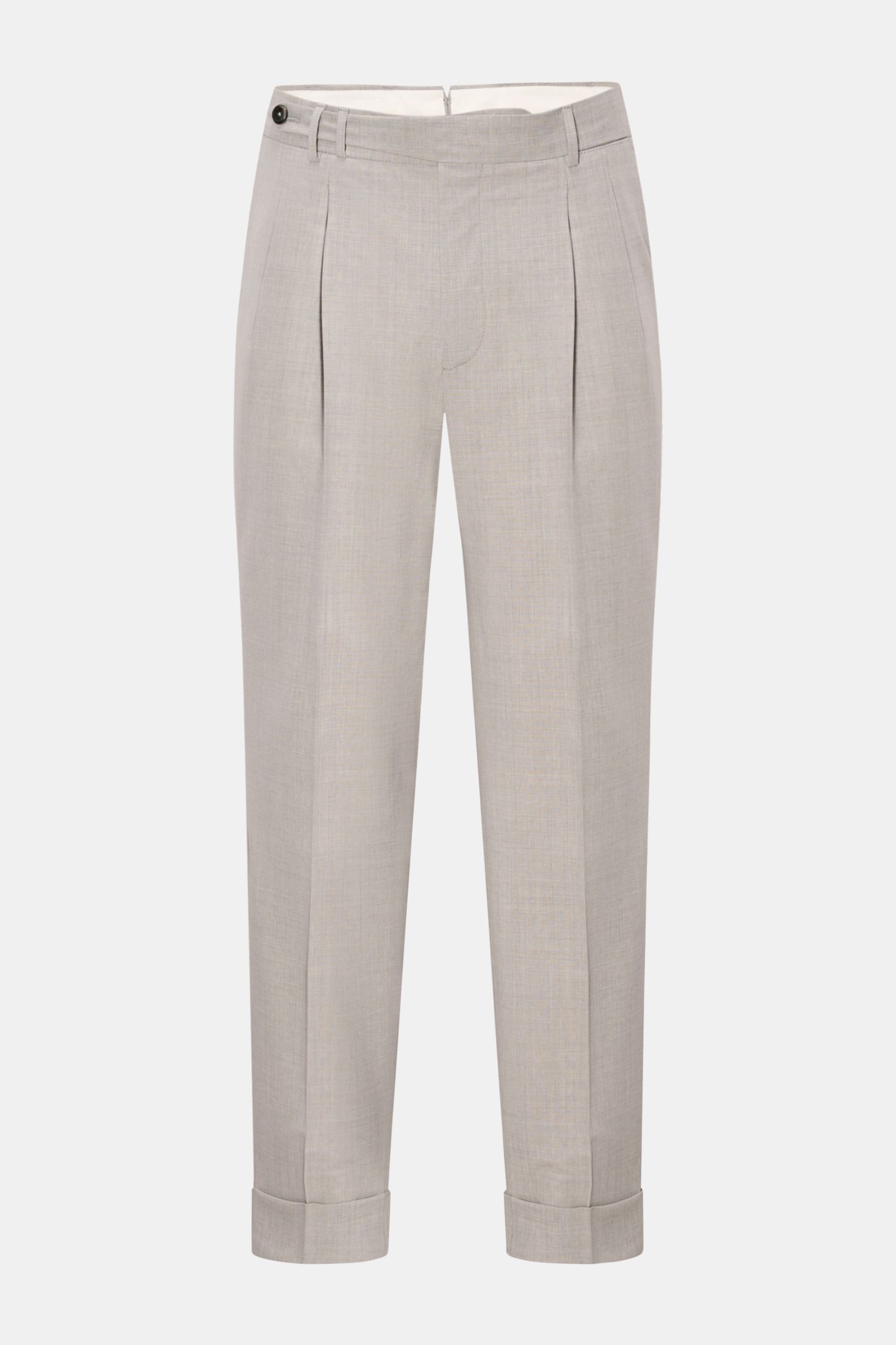PT Torino Wollhose 'Carrot Fit' hellgrau meliert, frontal fotografiert, kurze Hose aus elastischer Schurwolle mit Bundfalten, Knopfriegel, französischen Taschen, Uhrentasche, fixiertem Saumaufschlag.