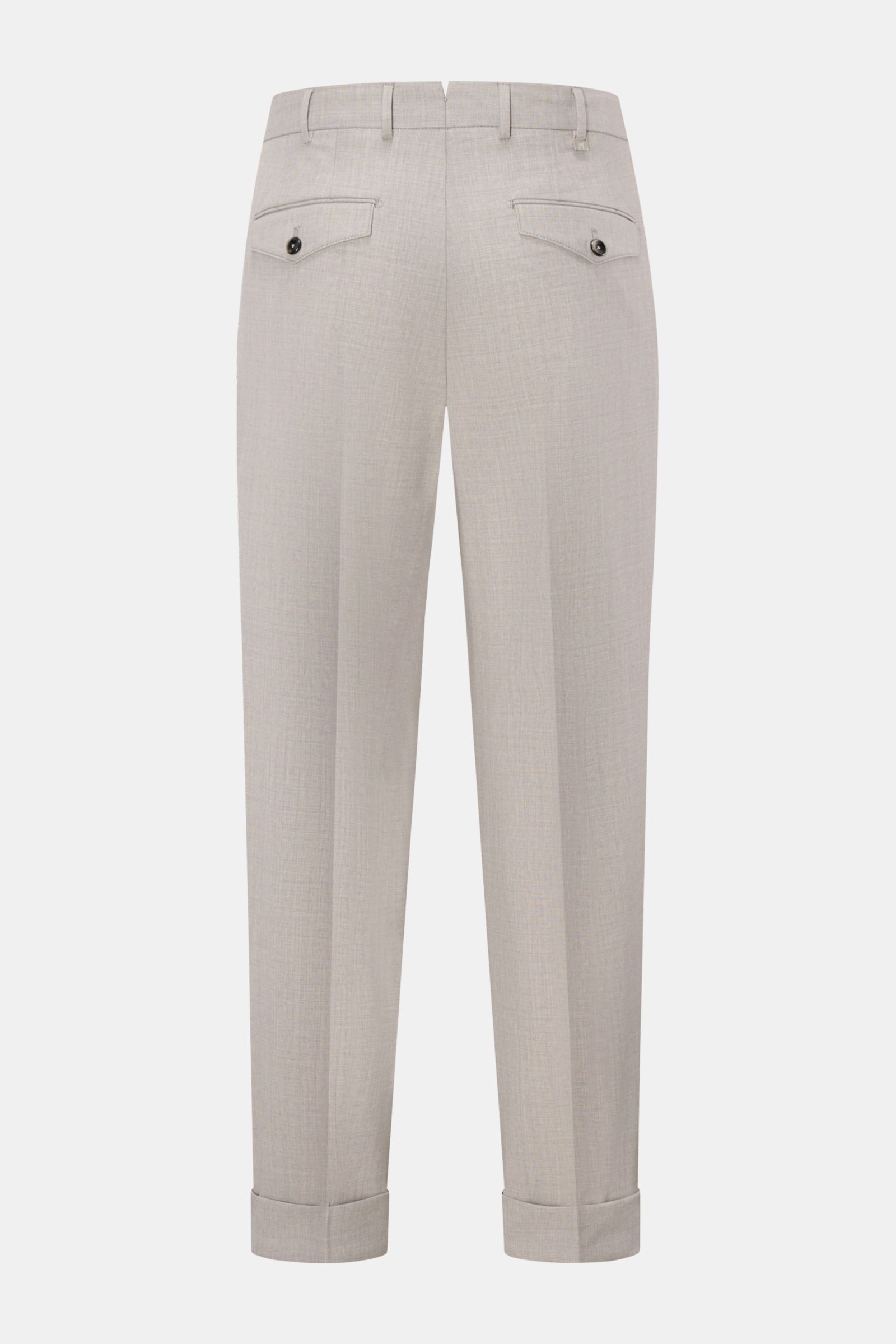 Rückansicht der PT Torino Wollhose 'Carrot Fit' hellgrau meliert aus elastischer Schurwolle mit Bundfalten, Uhrentasche und fixiertem Saumaufschlag.