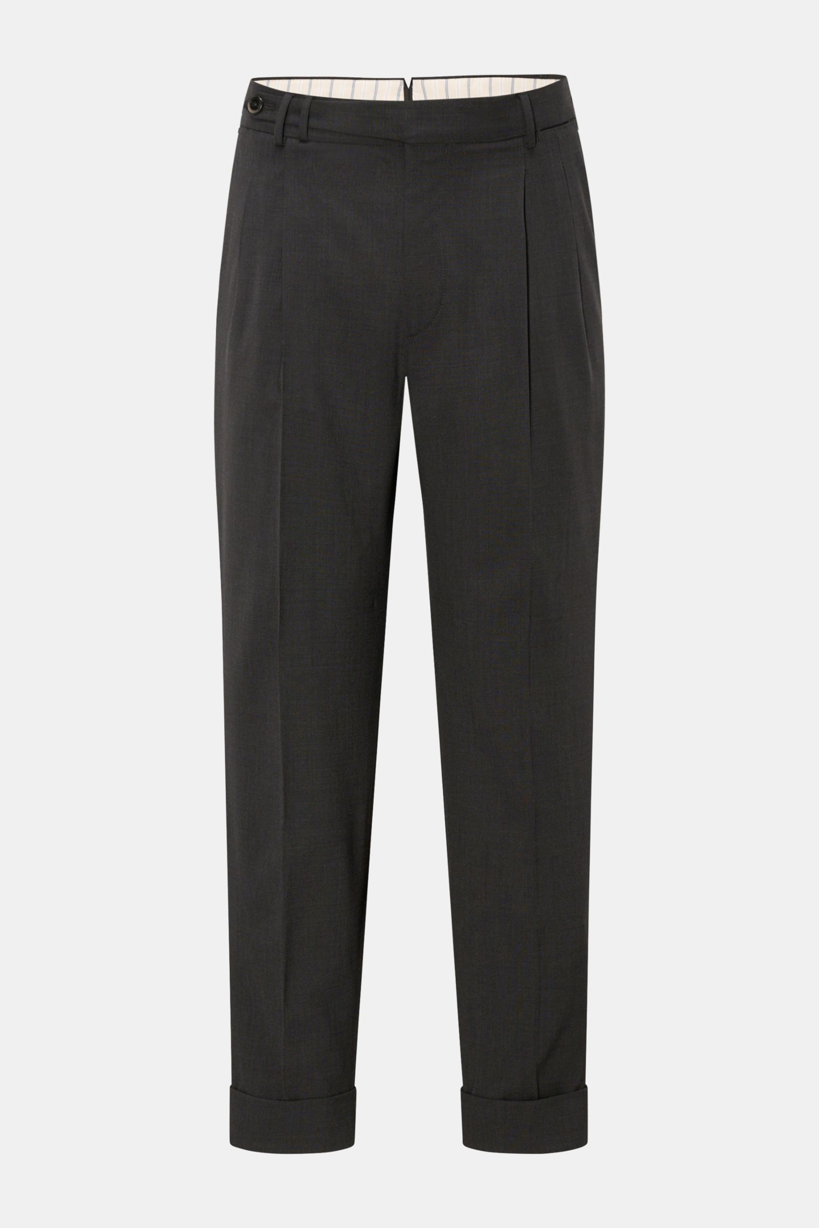 Front view of PT Torino Wool trousers 'Carrot Fit' anthracite mottled, ankle-length with double pleats, extended buttoned tab, and fixed hem turn-up. Classic elegance with a modern twist: elasticated virgin wool, comfortable stretch, soft feel, carrot fit