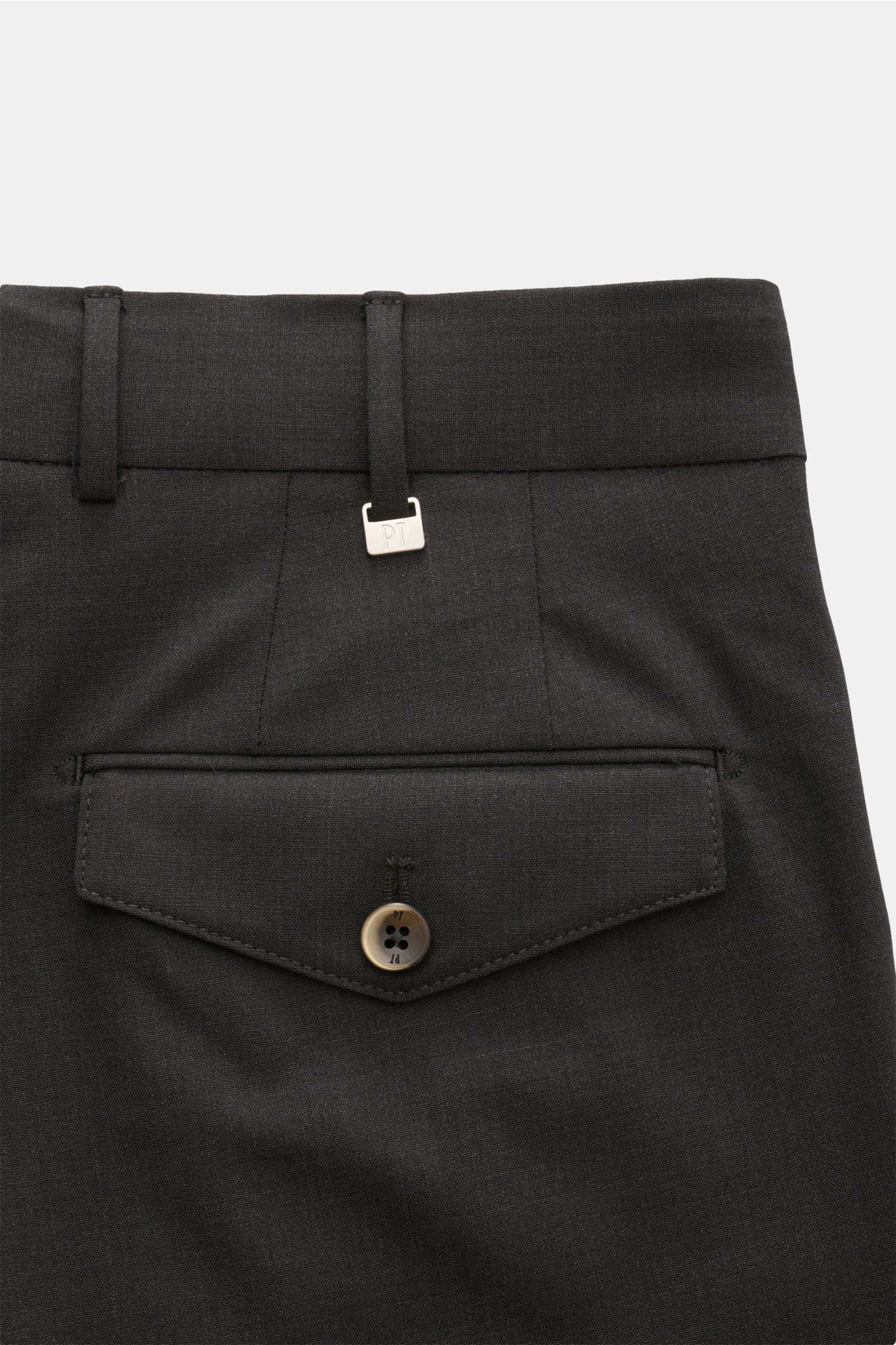 Close-up rear view of PT Torino Wool trousers 'Carrot Fit' anthracite mottled showing buttoned flap back pocket, belt loops, and tailored fabric.

Description: Classic elegance with a modern twist: With their short cut, stylish pleats and extended buttone