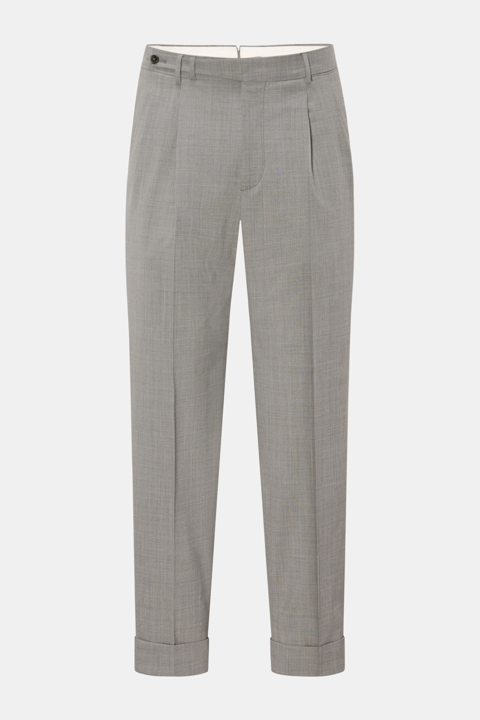 PT Torino Wool trousers 'Carrot Fit' grey mottled shown from the front, ankle-length with double pleats, extended buttoned tab, soft virgin wool, tapered fit.