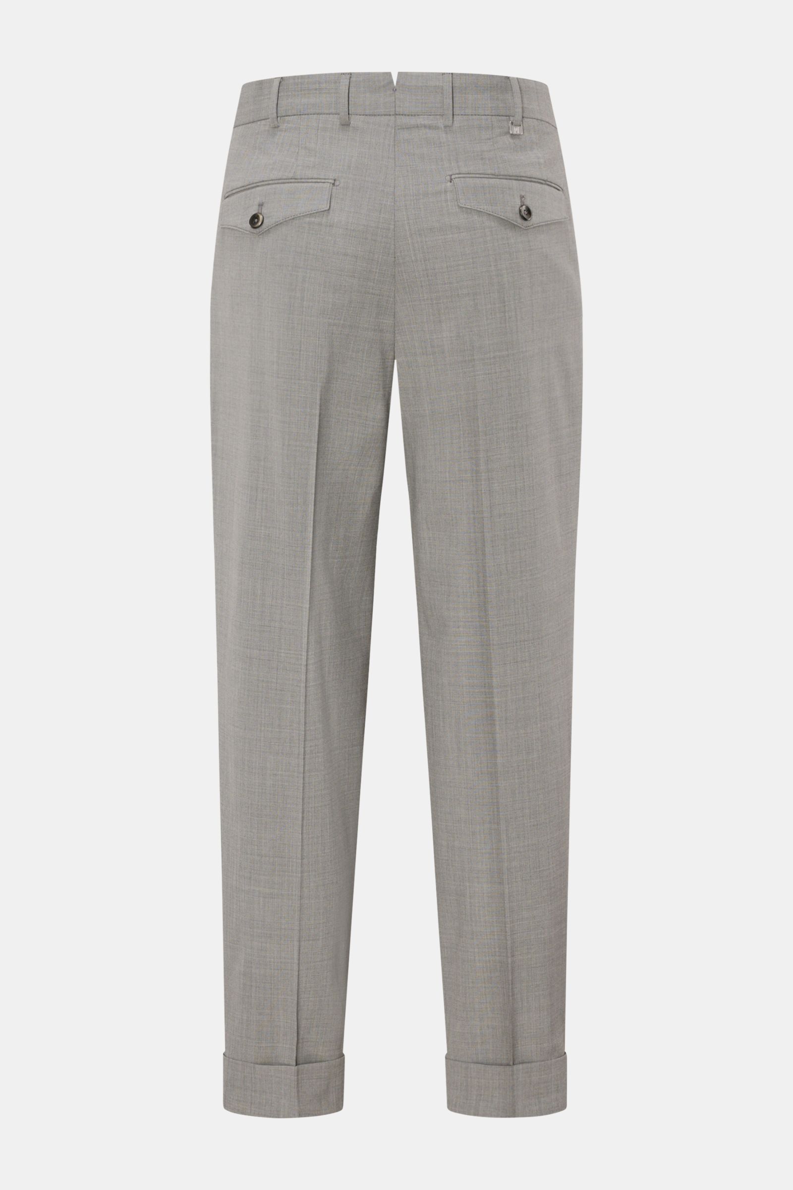 PT Torino Wool trousers 'Carrot Fit' grey mottled shown from the back, featuring double pleats, French pockets, flap back pockets, fixed hem, and extended buttoned tab. Classic elegance with a modern twist: made of pure virgin wool with stretch, soft feel