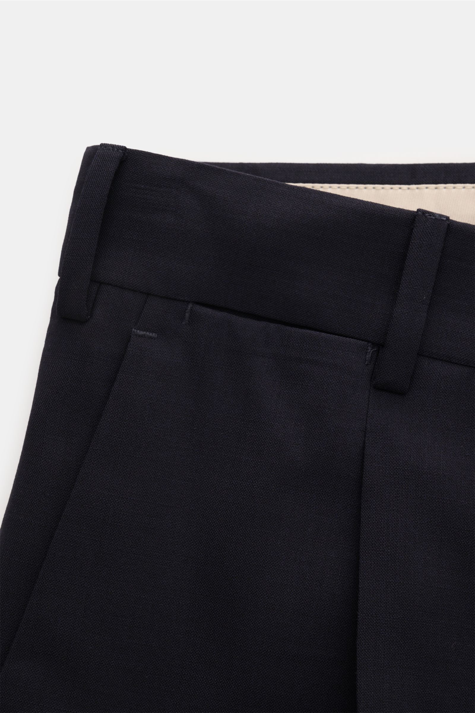 PT Torino Wollhose 'The Rebel' navy, Nahaufnahme von Bund und Taschen, leichte elastische Schurwolle, glatter Griff, Rebel Fit, knöchellang, Bundhaken, Reißverschluss, französische Taschen, geknöpfte Gesäßtaschen, fixierter Saumaufschlag.