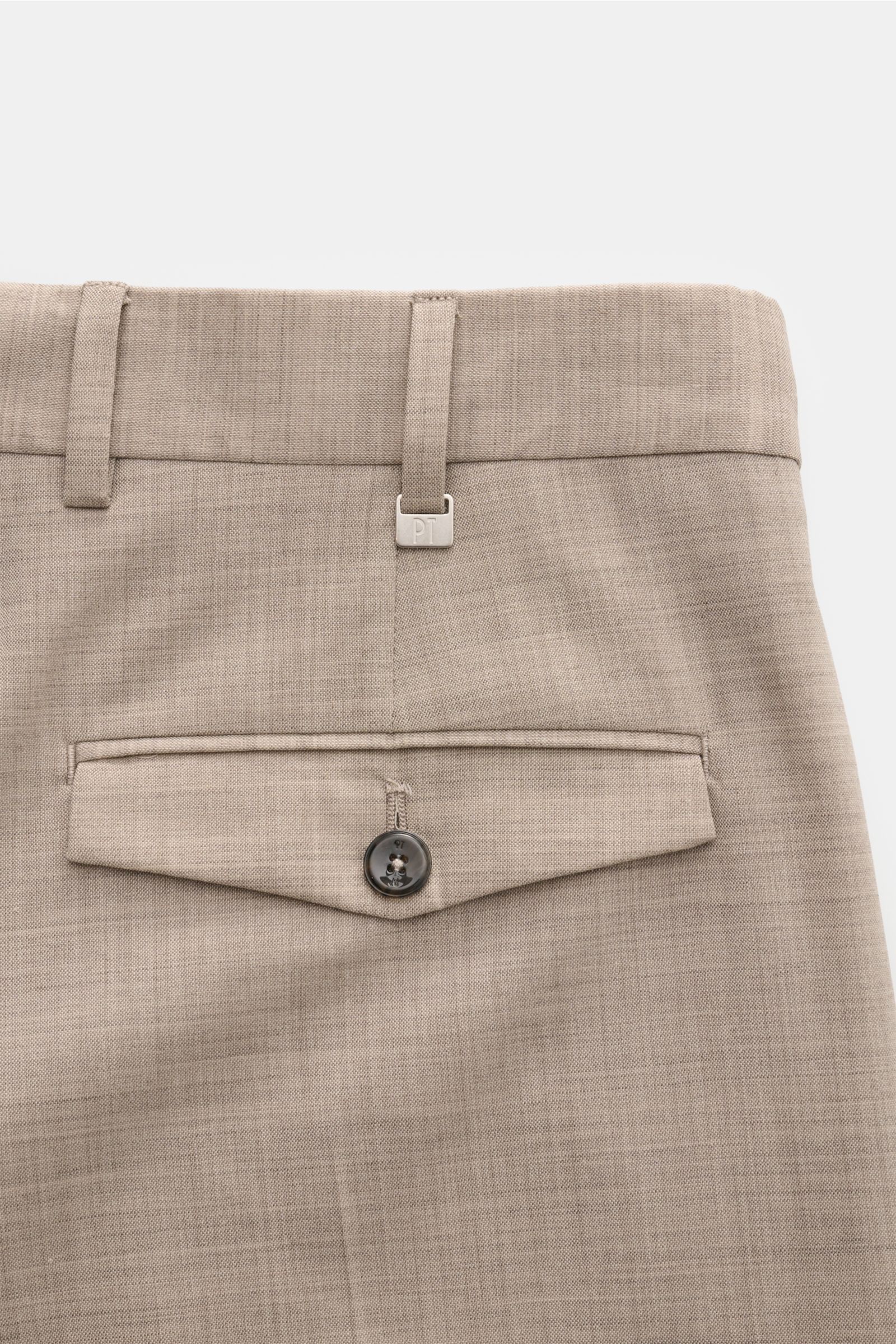 PT Torino Wollhose 'The Rebel' beige meliert, Detailaufnahme von hinten oben mit geknöpfter Gesäßtasche, Bundhaken und feinem Wollgewebe.
