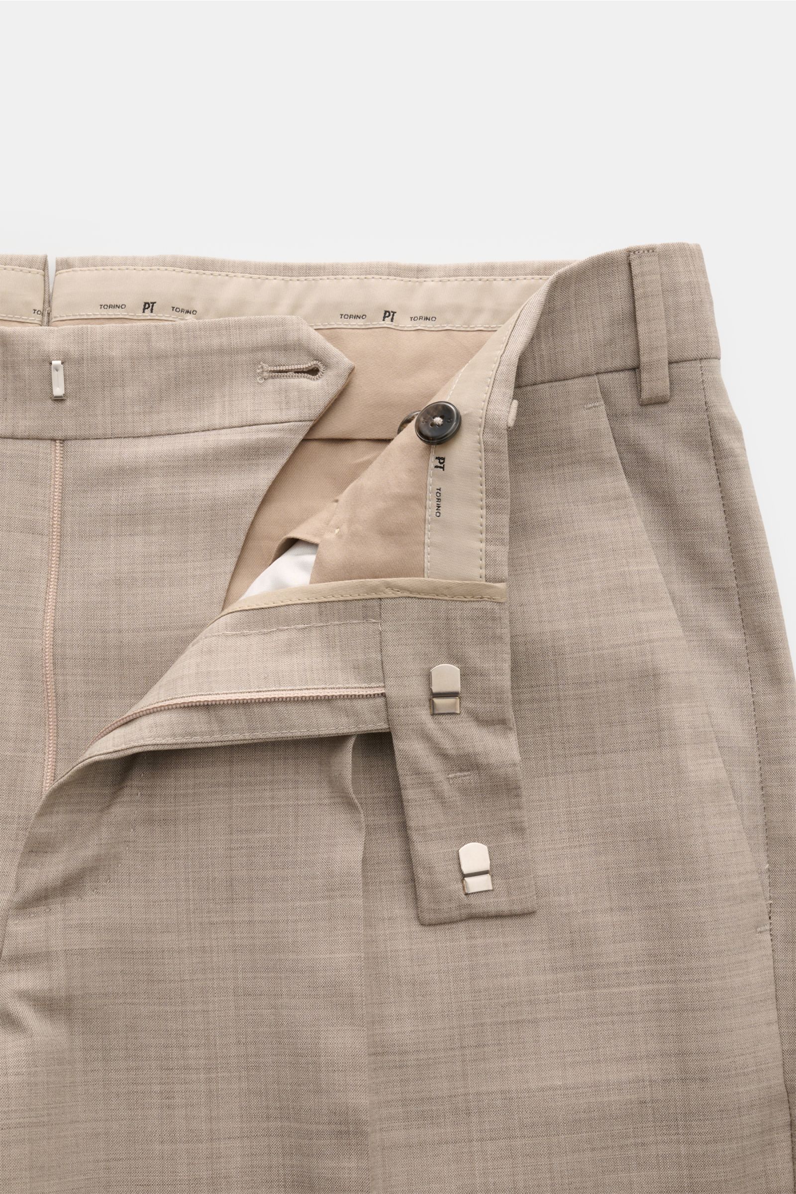 PT Torino Wollhose 'The Rebel' beige meliert, frontal mit offenem Bund, leichter elastischer Schurwolle, glattem Griff, Reißverschluss, Bundhaken.