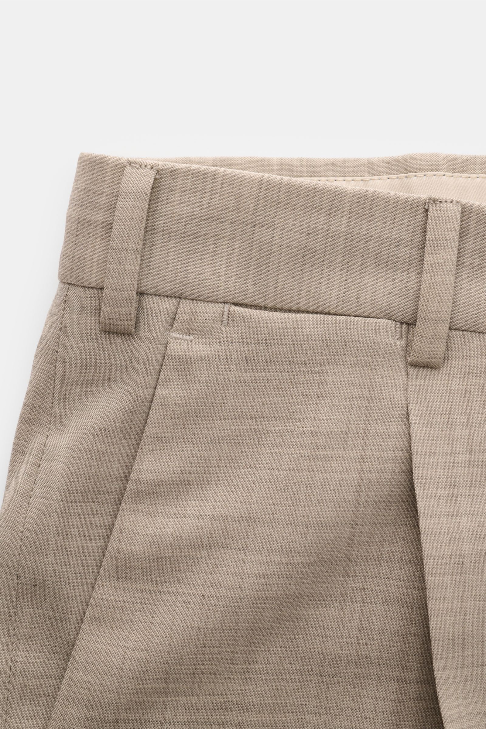 PT Torino Wollhose 'The Rebel' beige meliert, Nahaufnahme von Bund und Tasche, elastische Schurwolle, Rebel Fit, knöchellang, französische Taschen.