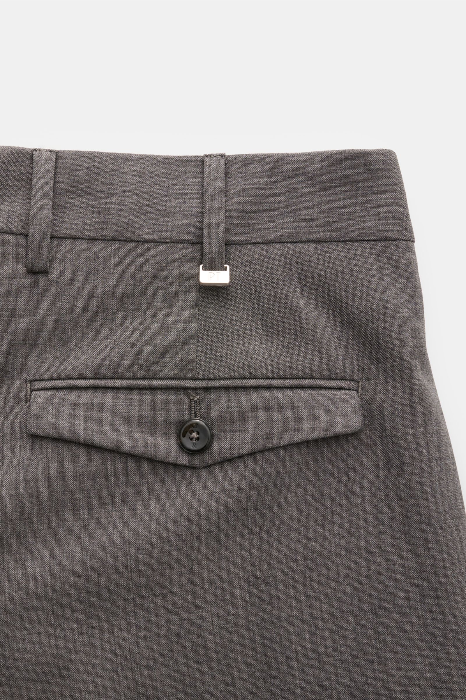 PT Torino Wollhose 'The Rebel' dunkelgrau meliert, Detailaufnahme Rückseite mit geknöpfter Gesäßtasche, leicht elastische Schurwolle.