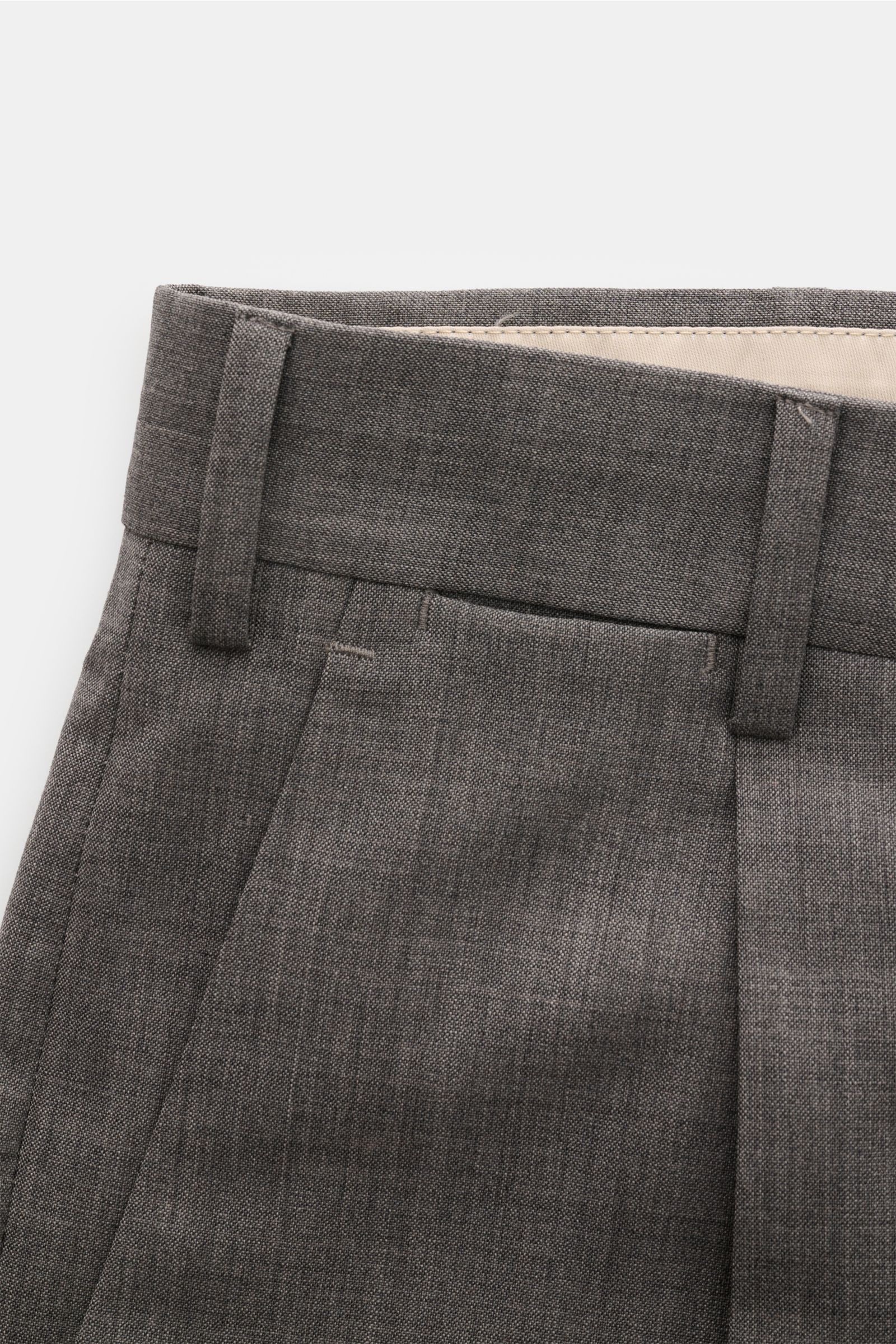 PT Torino Wollhose 'The Rebel' dunkelgrau meliert, Detailaufnahme von Bund und französischer Tasche, elastische Schurwolle, Rebel Fit, Saumaufschlag.