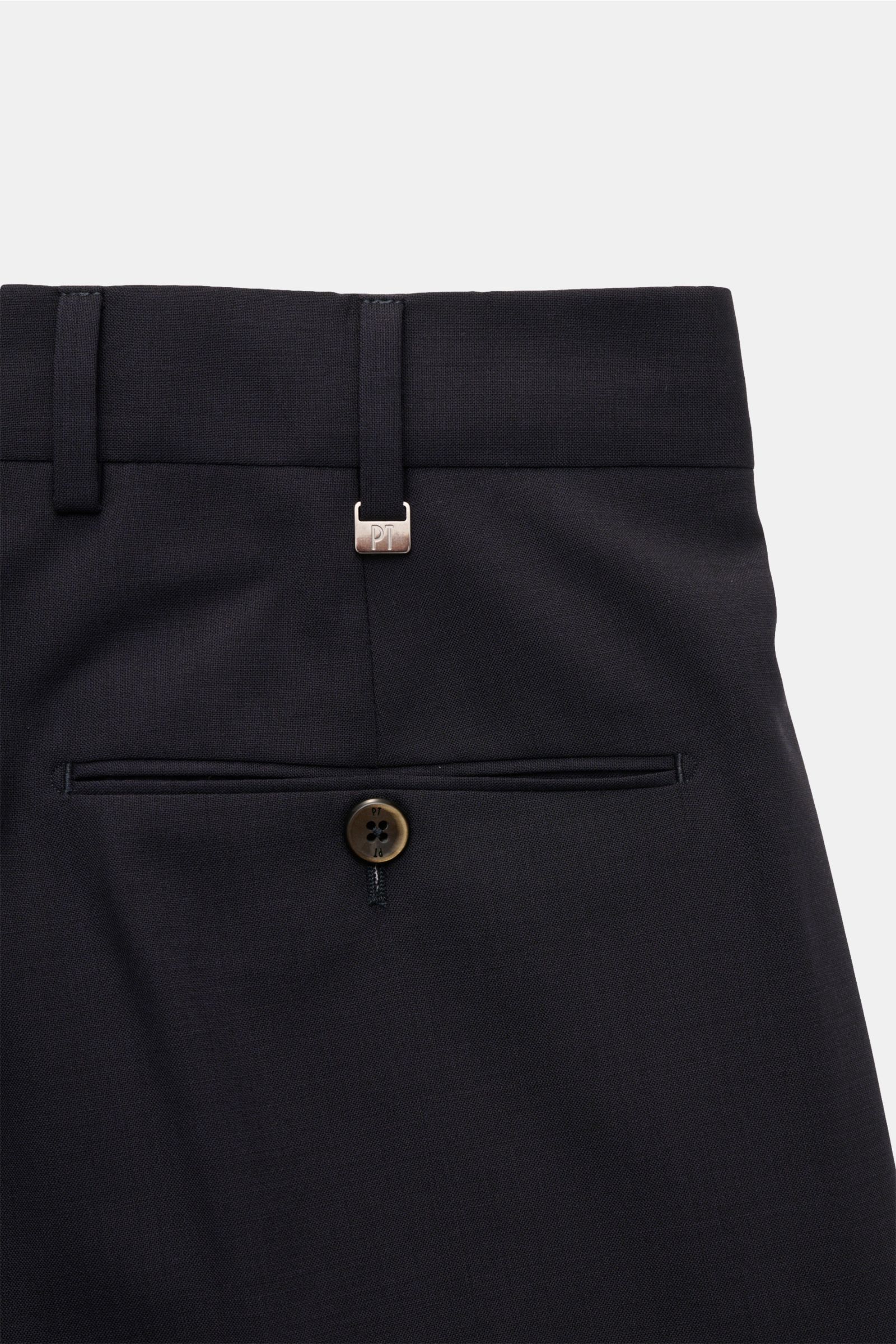 Close-up rear view of PT Torino Wool trousers 'Union Fit' navy, showing waistband, belt loops, button, and jetted back pocket.

Description: The 'Union Fit' from trouser specialists PT TORINO is the perfect choice for the coming season. The lightweight