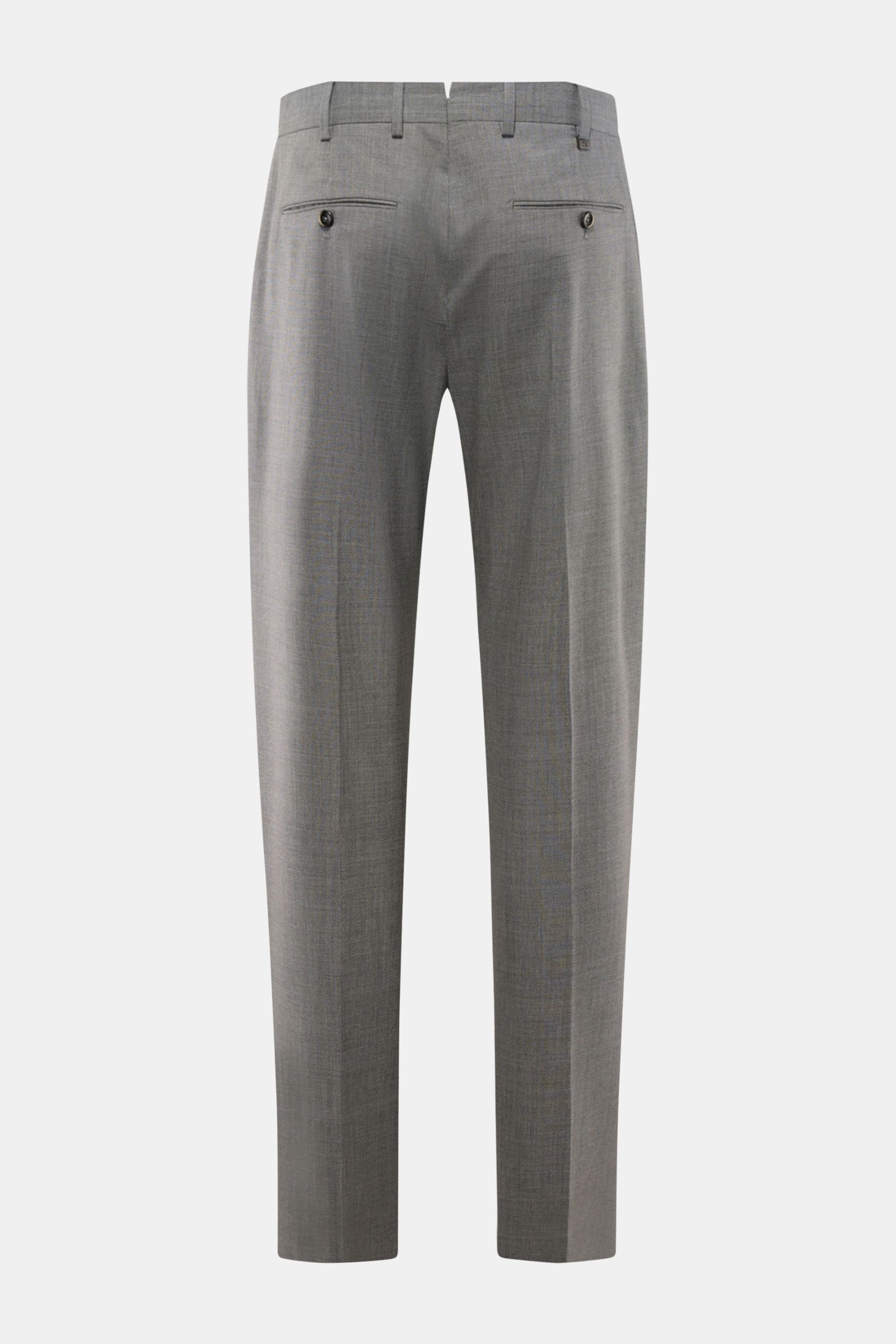 Alt tag (124 characters): Rear view of PT Torino Wool trousers 'Union Fit' grey mottled with jetted back pockets, smooth wool-silk fabric, regular fit.

Description:  
The 'Union Fit' from trouser specialists PT TORINO is the perfect choice for the com