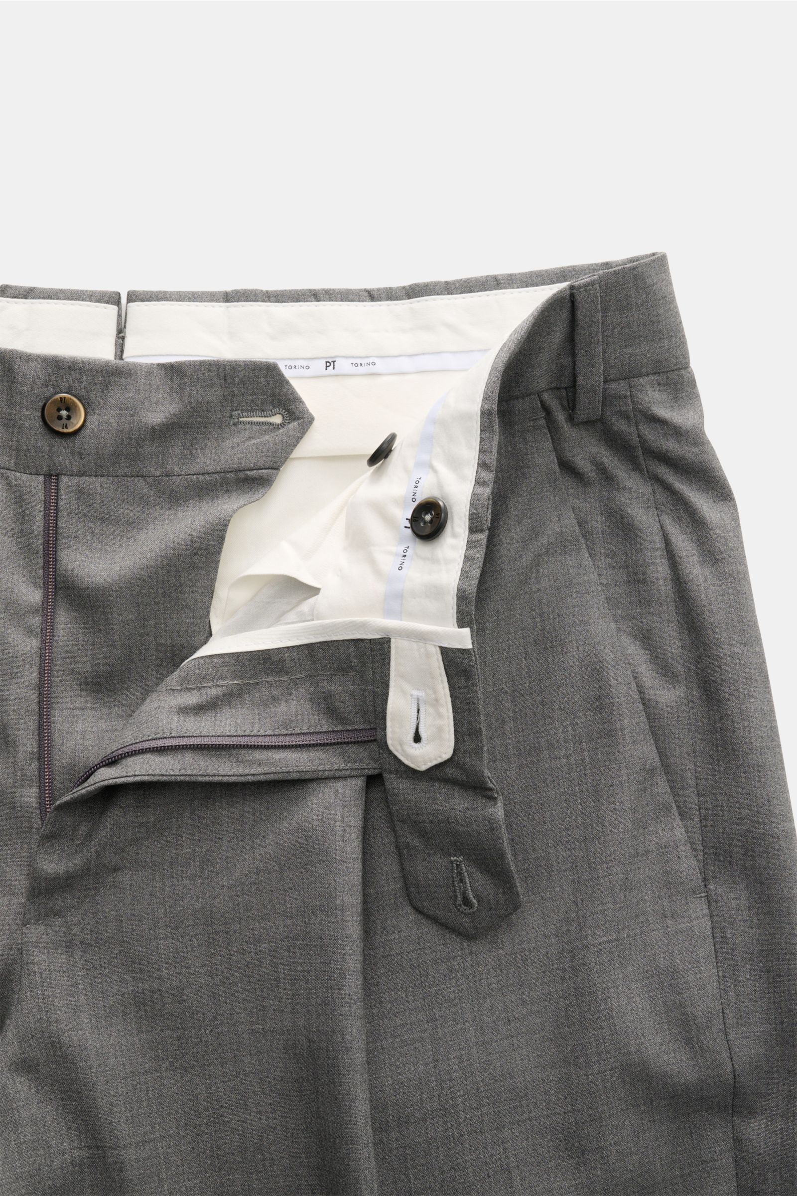 Alt tag (125 characters):  
Close-up front view of PT Torino Wool trousers 'Union Fit' grey mottled with open zip, button, and waistband details.

Description:  
The 'Union Fit' from trouser specialists PT TORINO is the perfect choice for the coming se