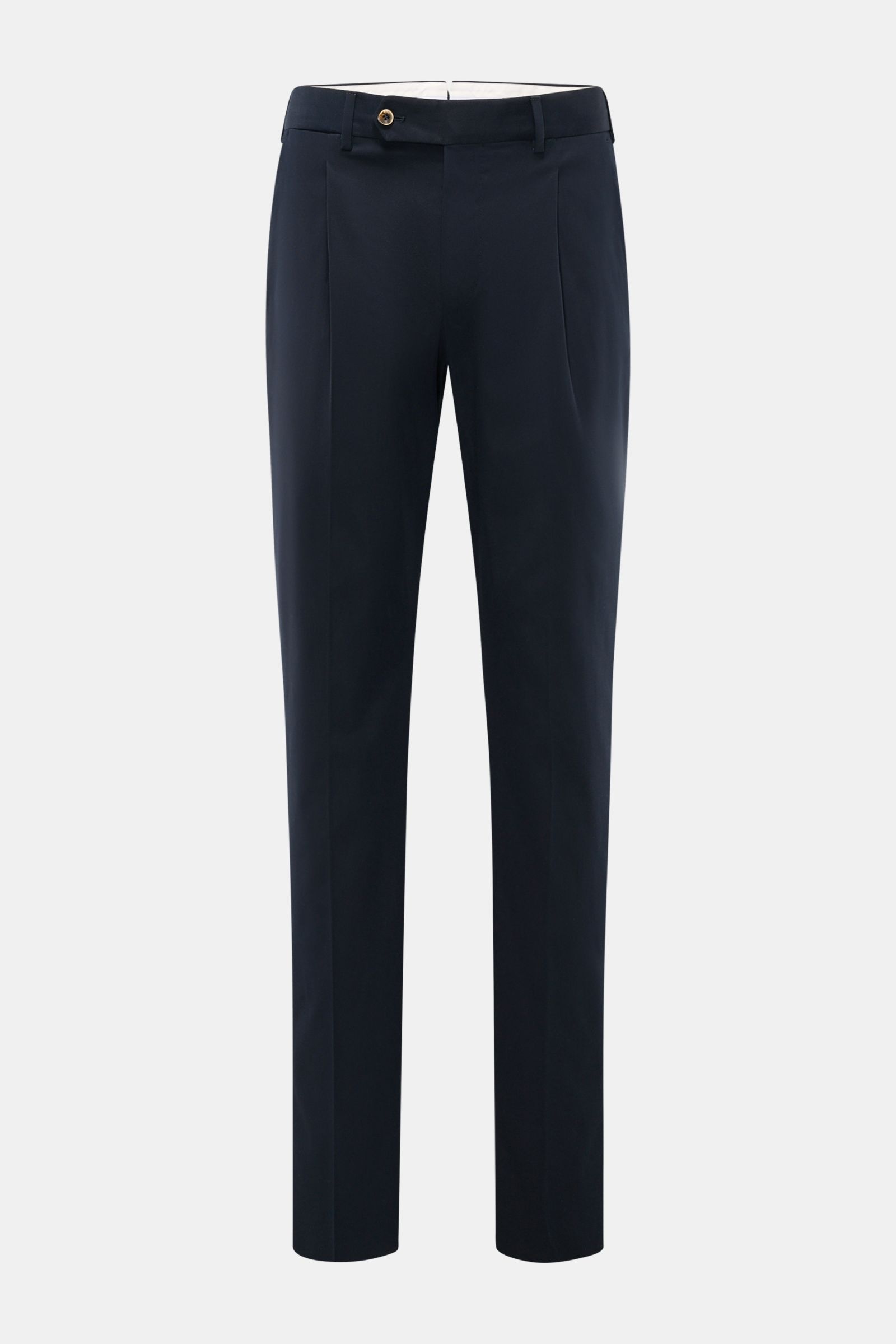 Front view of PT Torino Chinos 'Union Fit' dark navy, made from a fine cotton-silk twill with slight stretch for comfort, featuring regular fit, tapered cut, zip and waist buttons, simple pleat, French pockets, small watch pocket, and jetted back pockets 