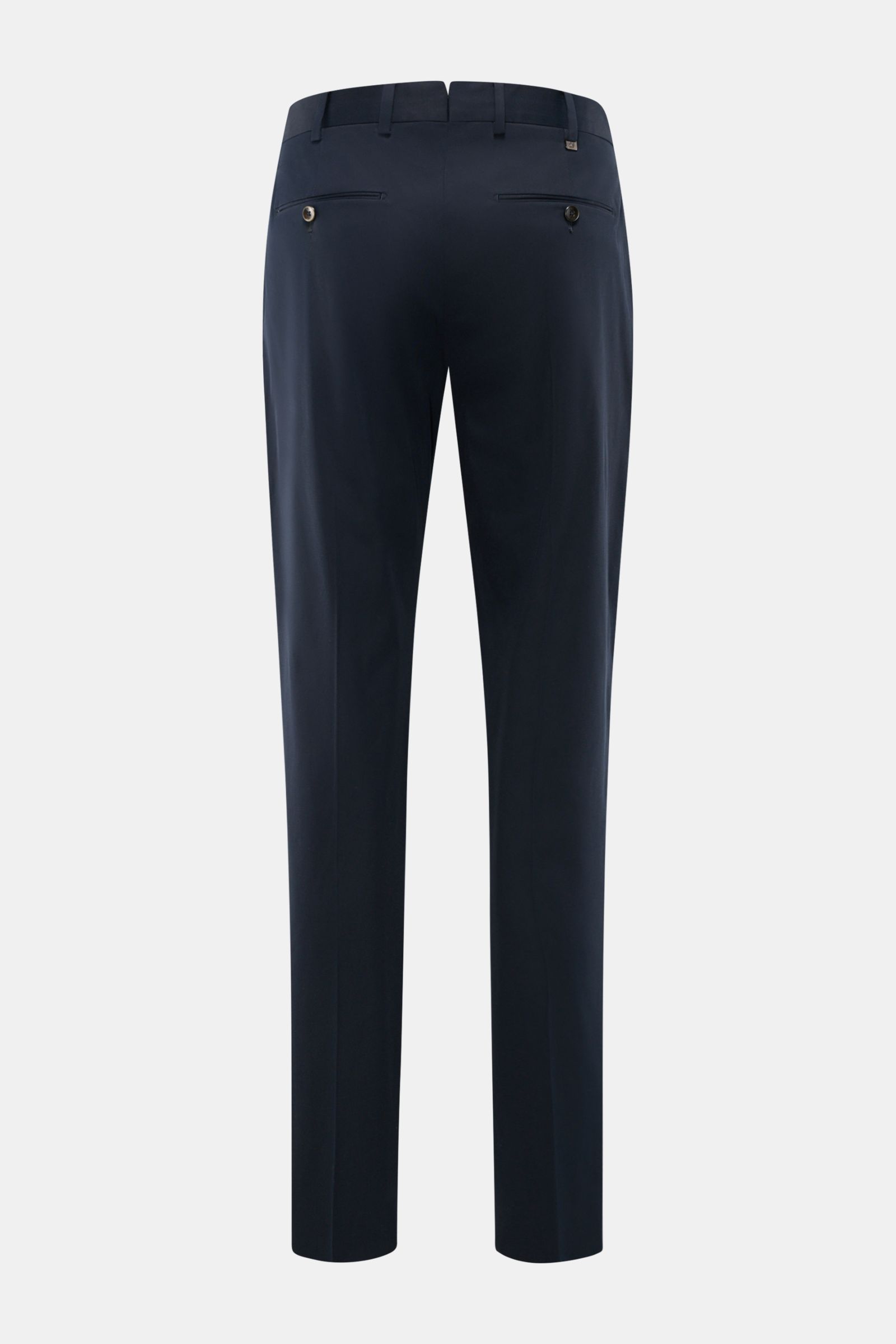 PT Torino Chinos 'Union Fit' dark navy shown from the back, featuring a tapered cut, regular fit, French pockets, small watch pocket, jetted back pockets with buttons, zip and waist buttons, made of a soft twill cotton-silk blend with slight stretch, open