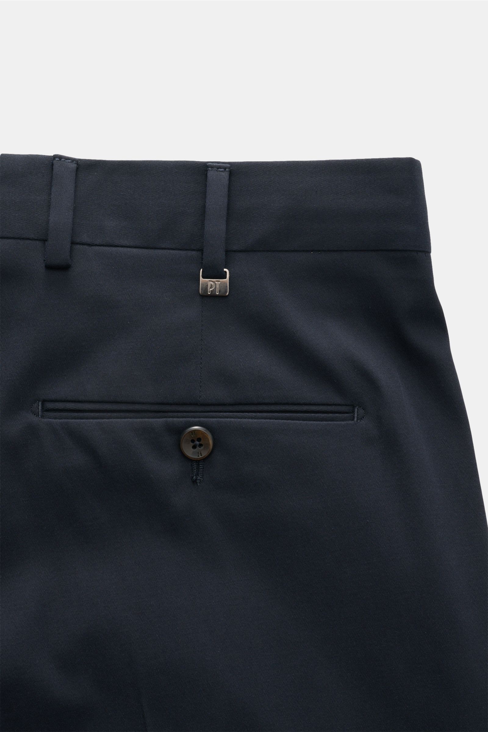 Close-up rear view of PT Torino Chinos 'Union Fit' dark navy showcasing waistband, belt loops, jetted back pocket with button, and soft twill cotton-silk fabric. A versatile companion for spring and summer: For these chinos, PT TORINO combines a fine cott