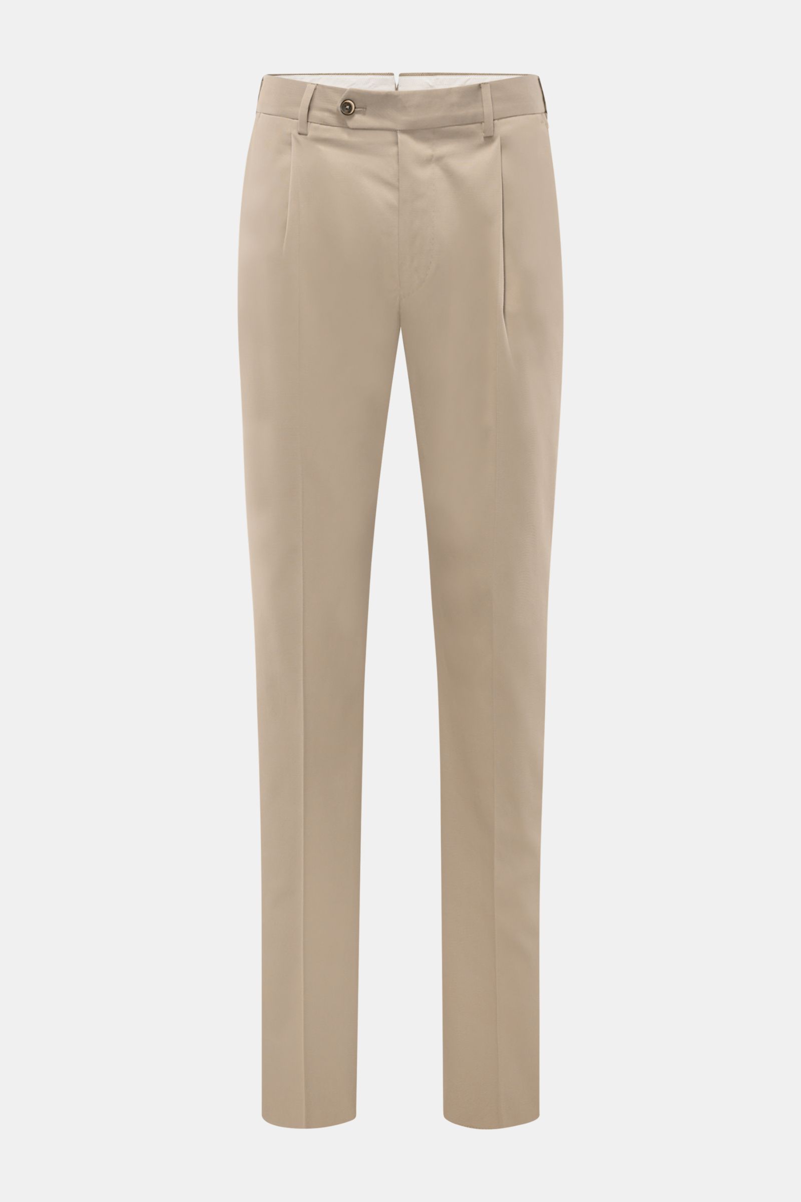 Front view of PT Torino Chinos 'Union Fit' beige, made from a fine cotton-silk twill blend with slight stretch. Features include a soft feel, regular fit, tapered cut, zip and waist buttons, simple pleat, French pockets, small watch pocket, jetted back po
