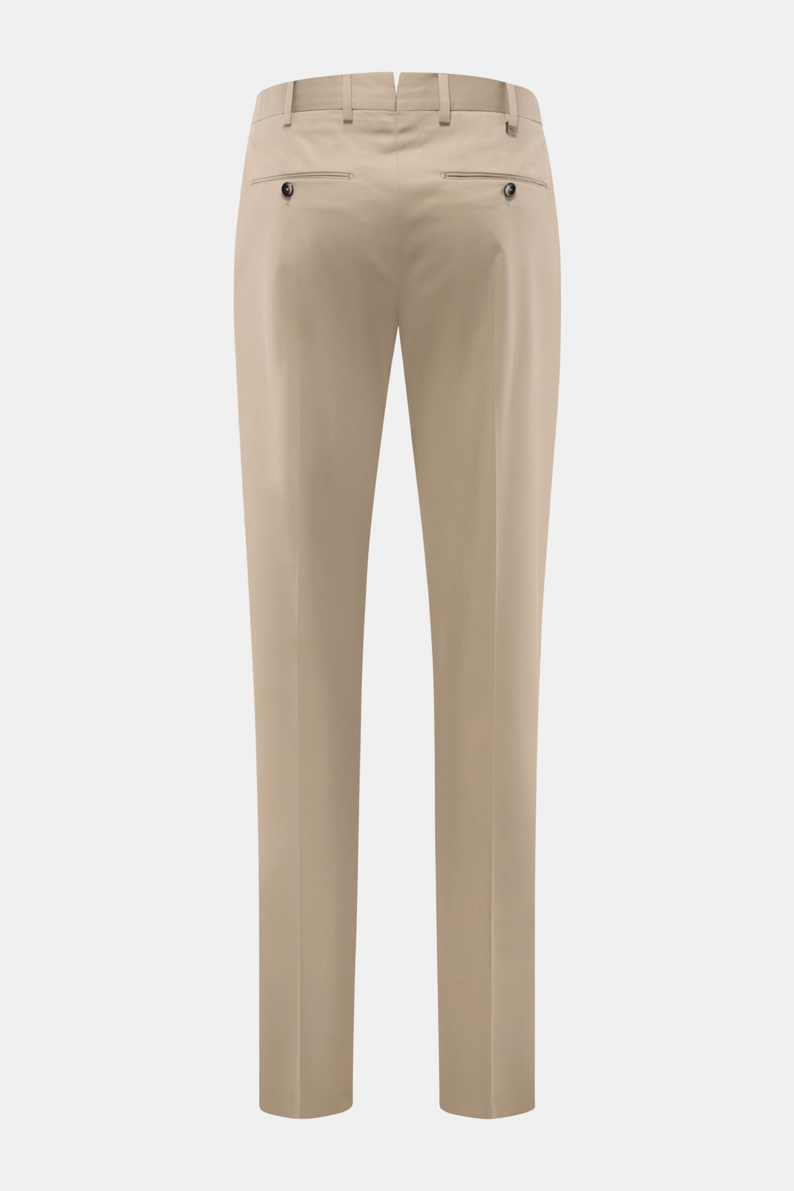 Rear view of PT Torino Chinos 'Union Fit' beige, made from a soft cotton-silk blend with subtle stretch, featuring tapered cut, French pockets, small watch pocket, jetted back pockets with buttons, simple pleat, zip and waist buttons, and open length, per