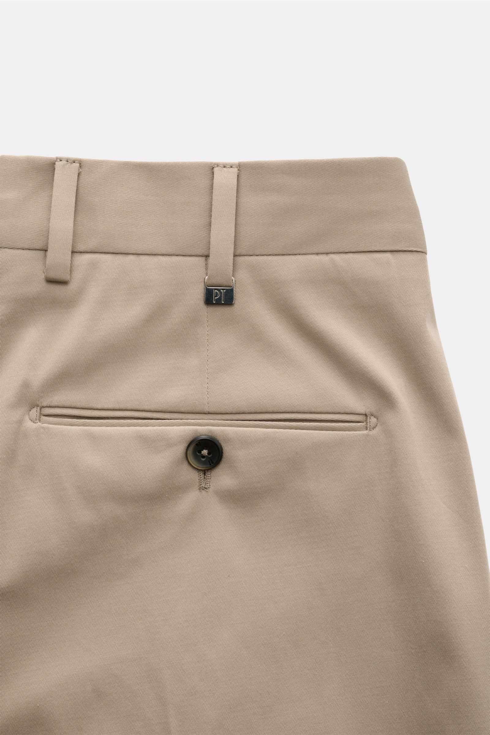 PT Torino Chinos 'Union Fit' beige shown from the back waist detail, made of cotton-silk blend twill with slight stretch, regular fit, tapered cut, zip and waist buttons, simple pleat, French pockets, small watch pocket, jetted back pockets with button, a