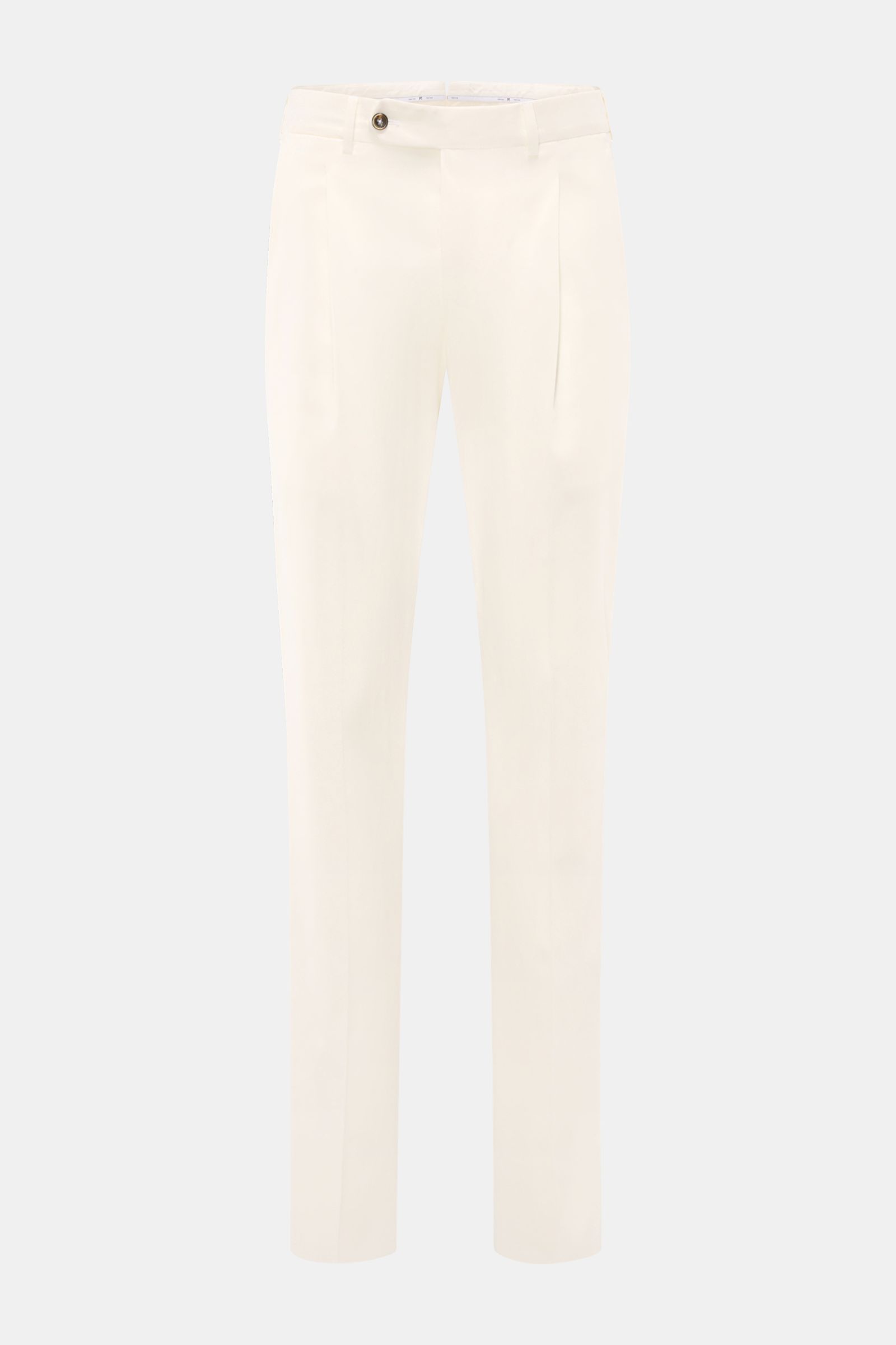 Front view of PT Torino Chinos 'Union Fit' cream, made from a fine cotton-silk twill blend with slight stretch, featuring a regular fit, tapered cut, zip and waist buttons, simple pleat, French pockets, small watch pocket, jetted back pockets with button,