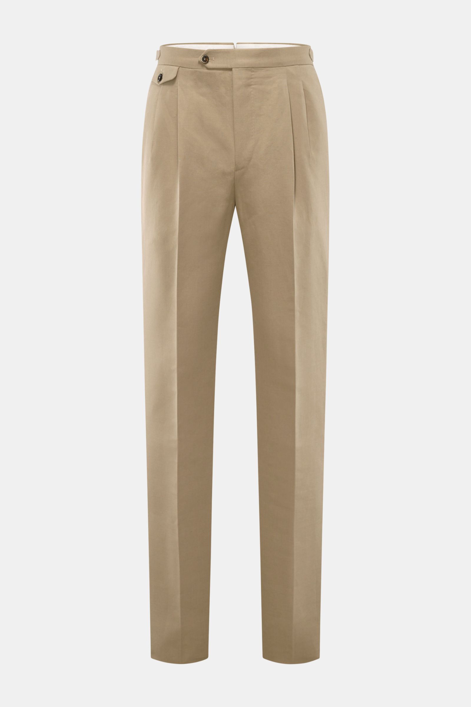Front view of PT Torino Trousers 'Gentleman Fit' beige in linen-cotton blend, slim fit with tapered cut, double pleats, side adjusters, and buttoned pockets, perfect for summer office wear.