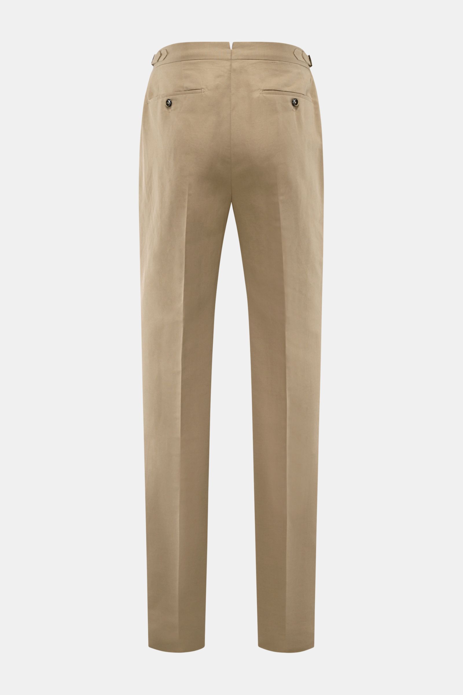Rear view of PT Torino Trousers 'Gentleman Fit' beige in a slim, very tapered cut, linen and cotton blend with buttoned French and jetted pockets.