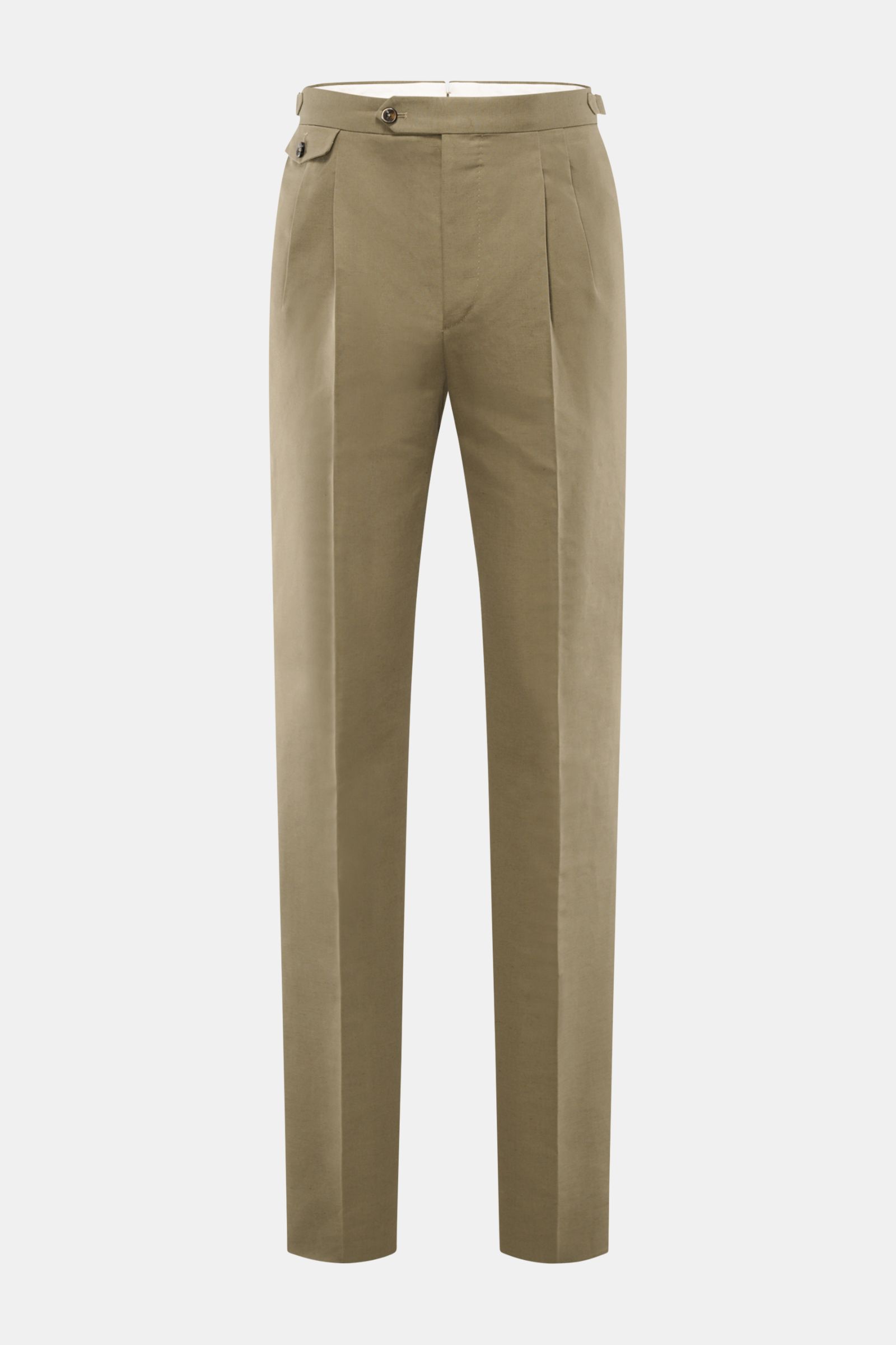 Front view of PT Torino Trousers 'Gentleman Fit' taupe in a summery linen and cotton blend, slim fit with double pleats, side adjusters, and jetted back pockets. 

For these exclusive 'Gentleman Fit' trousers, PT TORINO has chosen a summery blend of linen