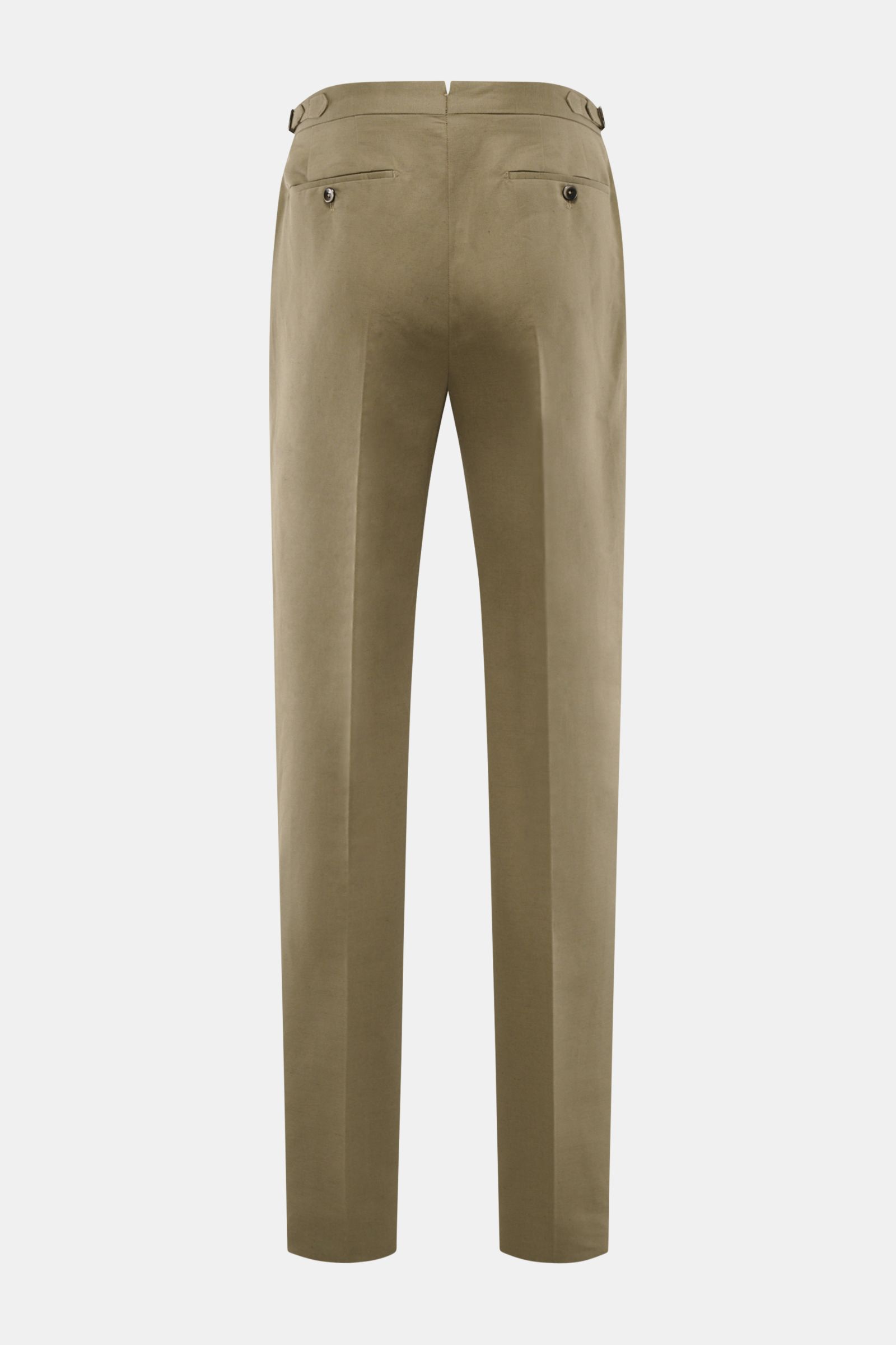 PT Torino Trousers 'Gentleman Fit' taupe shown from the back, slim fit, tapered linen-cotton blend with double pleats, side adjusters, and buttoned pockets.