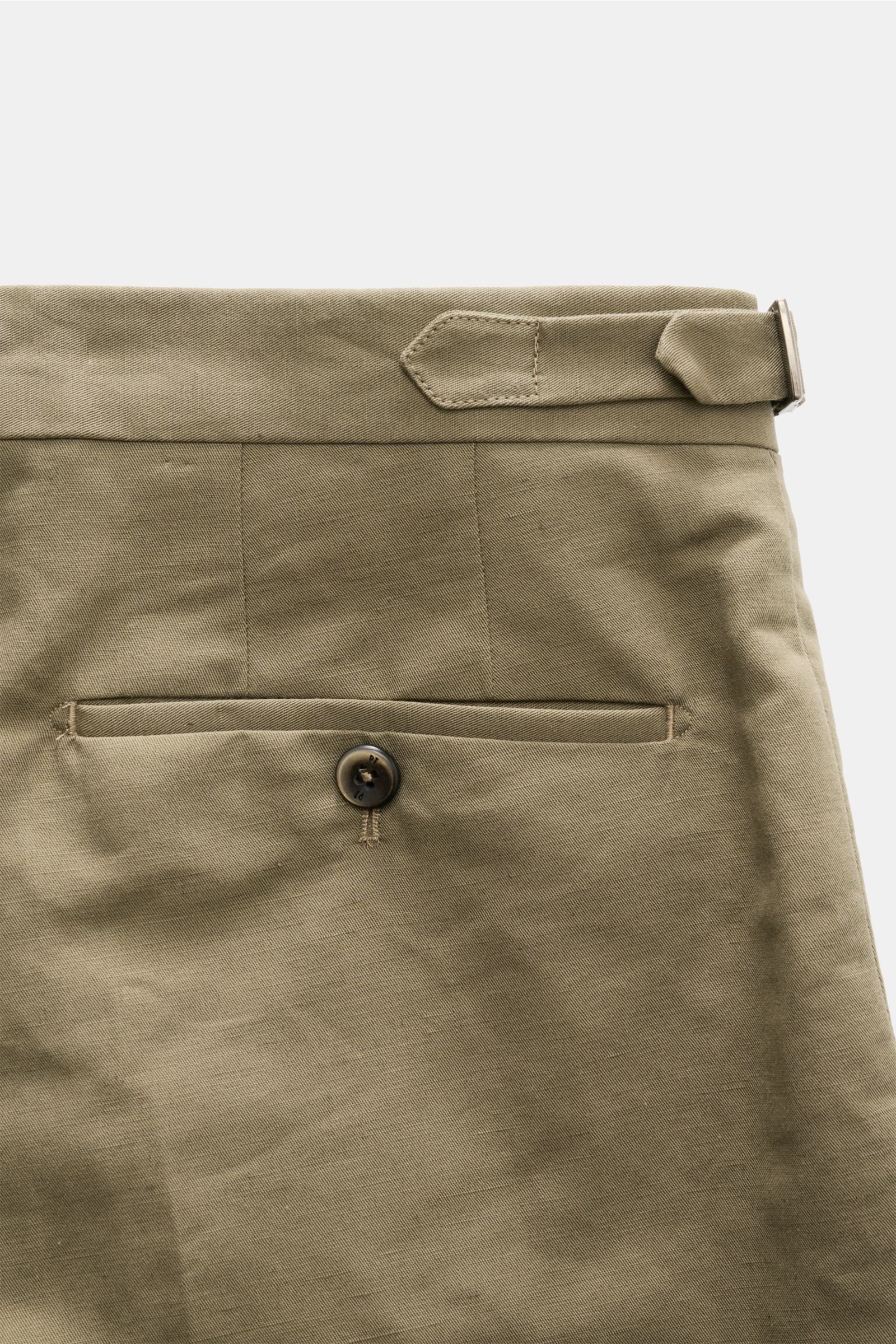 PT Torino Trousers 'Gentleman Fit' taupe shown from the back waist with side adjuster, double pleat, jetted pockets, button, and linen-cotton blend.