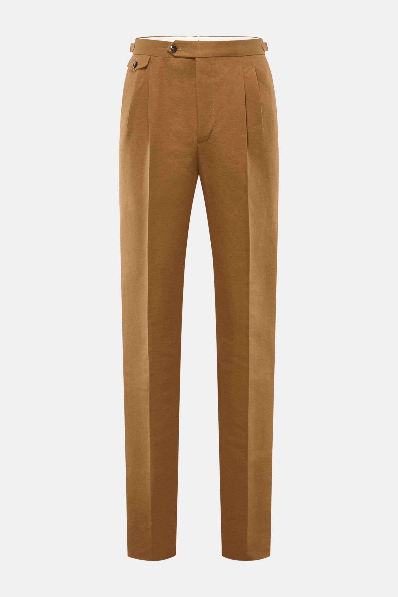 Front view of PT Torino Trousers 'Gentleman Fit' brown, made from a lightweight, slightly robust linen and cotton blend with slim, tapered cut, double pleats, zip and button closure, extended buttoned tab, side adjusters, French pockets, watch pocket with